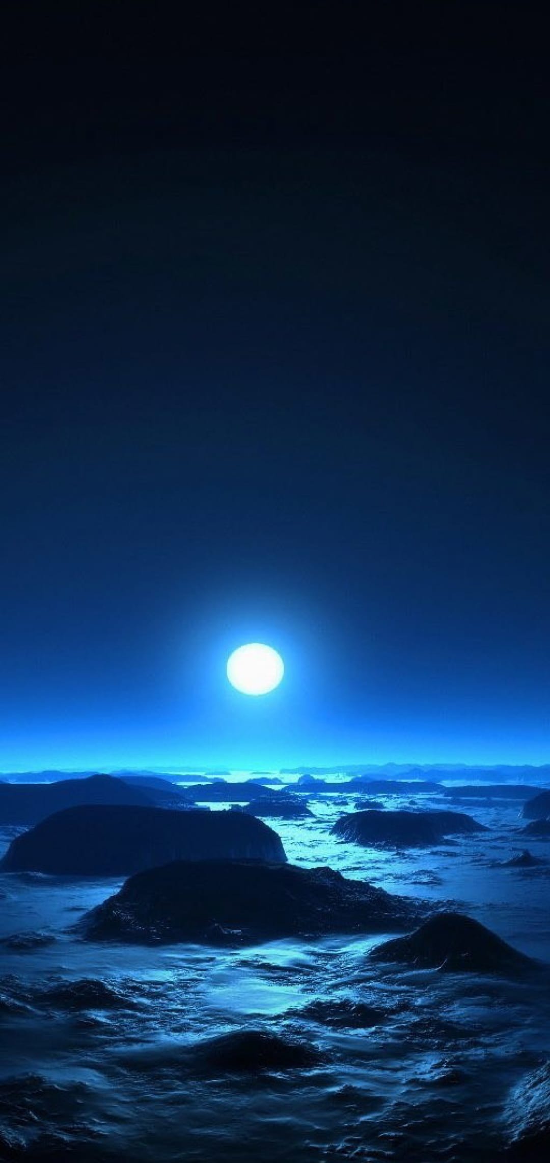 Glowing celestial moon illuminating a craggy alien valley with deep blue shadows and a hazy planetary horizon.