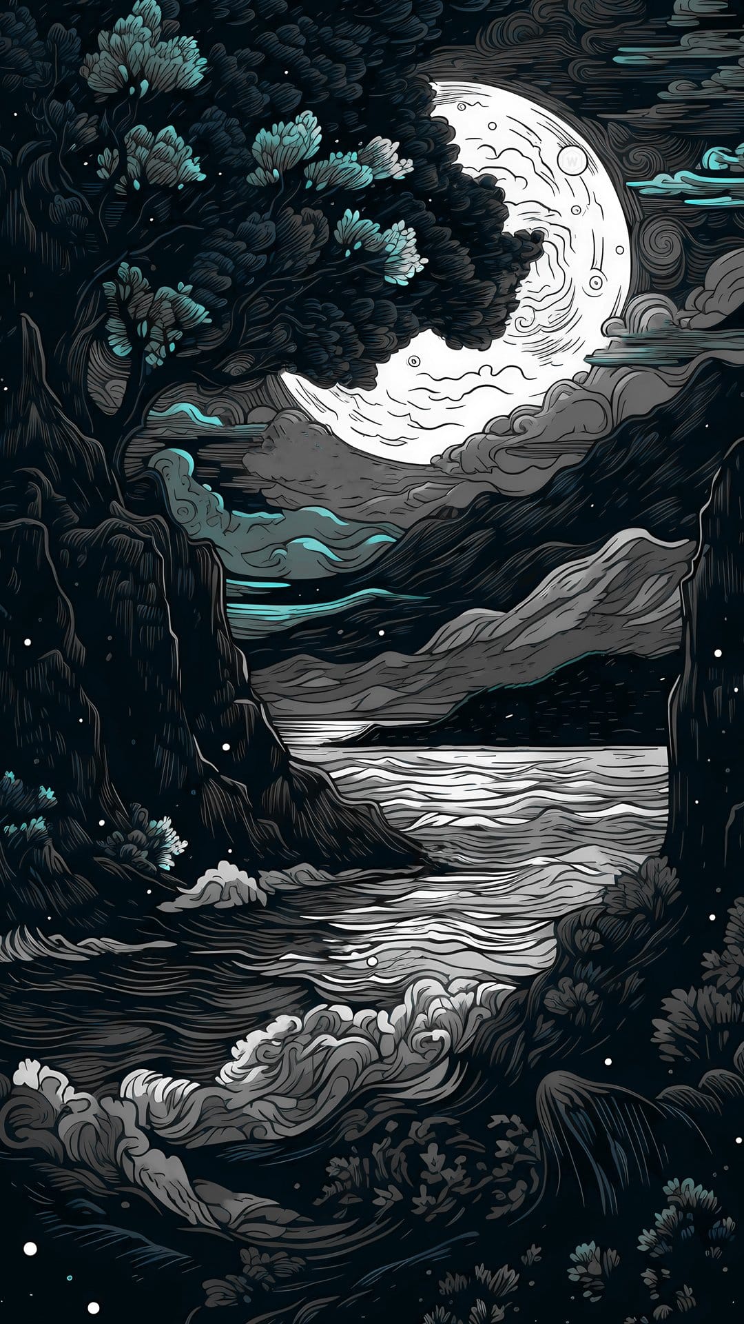 Glowing tree atop dark coastal cliffs overlooks a moonlit ocean with swirling clouds in a midnight sky scene.