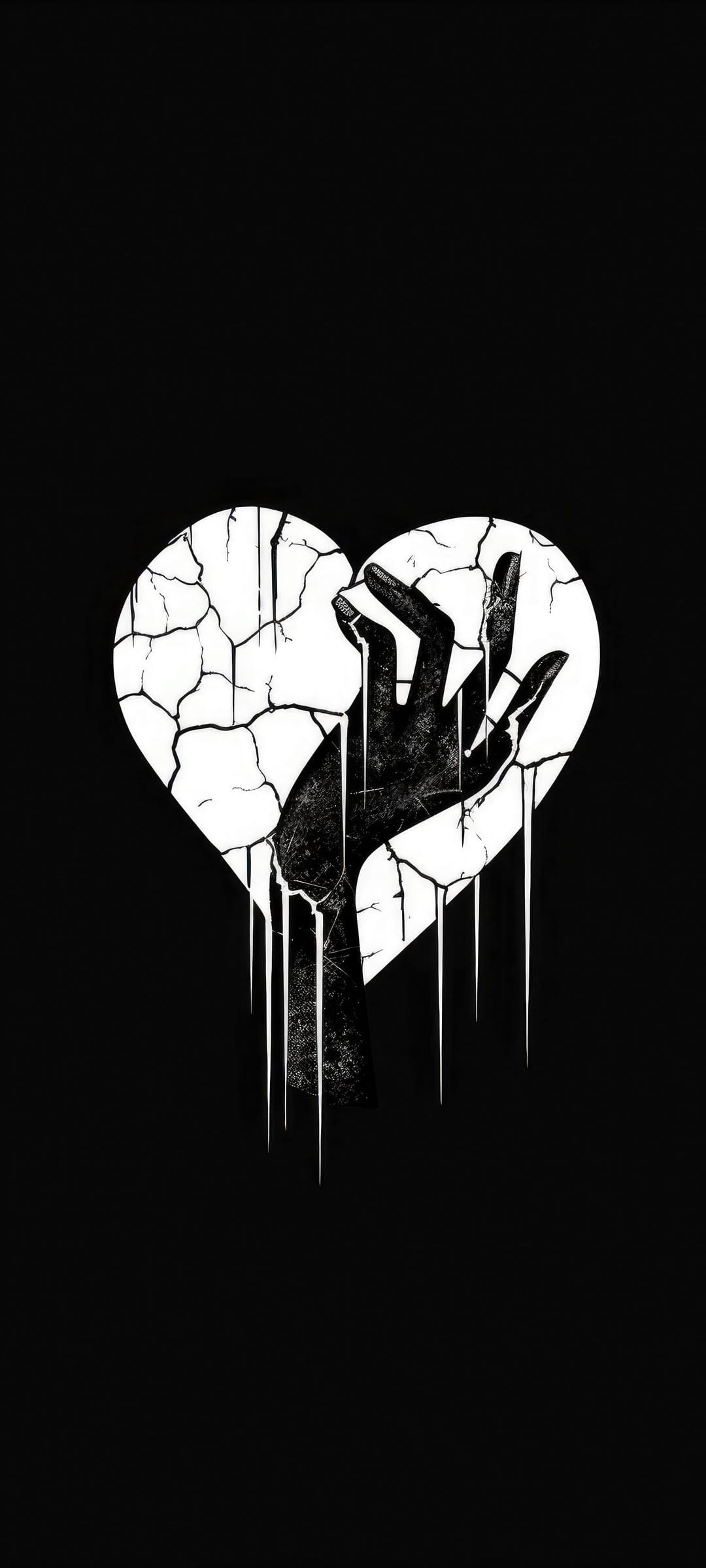 Human hand reaching out from the center of a cracked and dripping heart in high-contrast black and white.