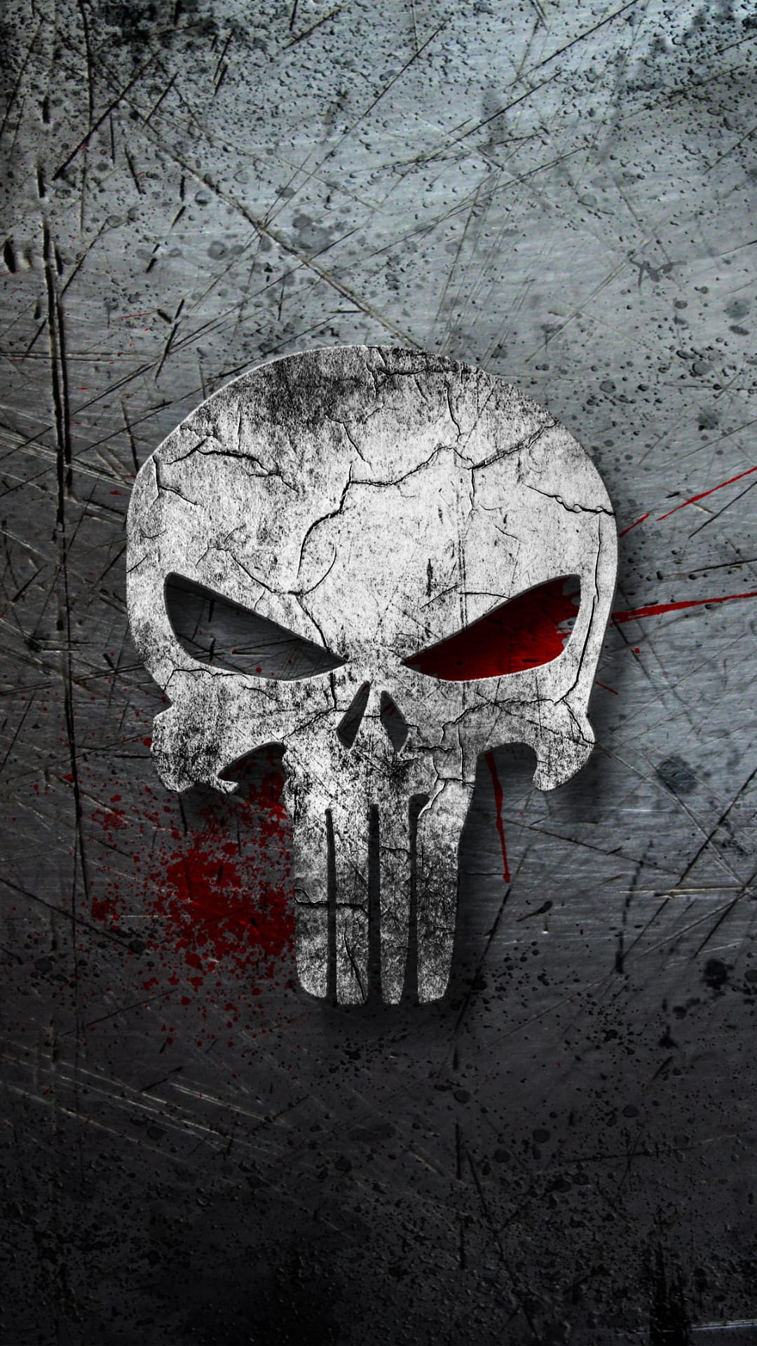 Punisher skull with cracked white texture and red glowing eyes on a dark scratched metal background with blood.