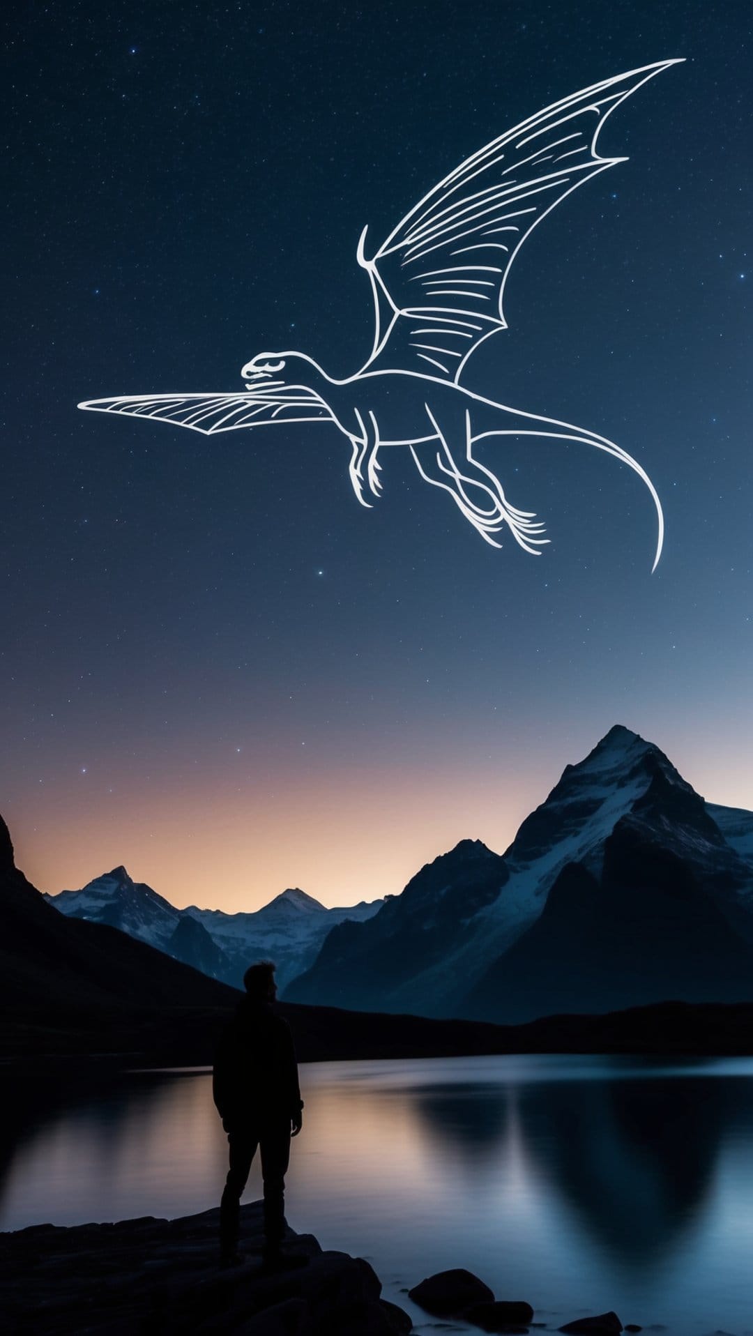 White line-art dragon flying over a starry night sky above a silhouetted figure near a mountain lake.