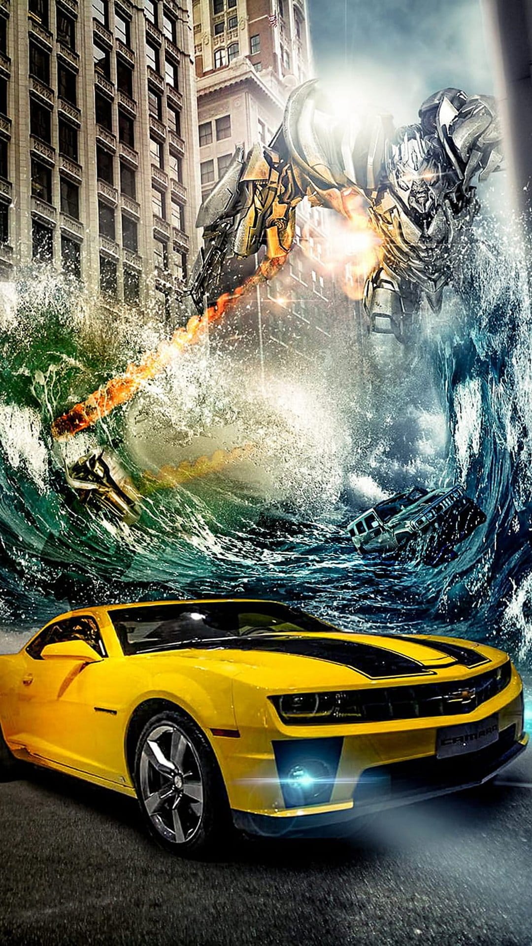 Bumblebee yellow Camaro and Megatron fight in a flooded city street with debris and cinematic lighting.