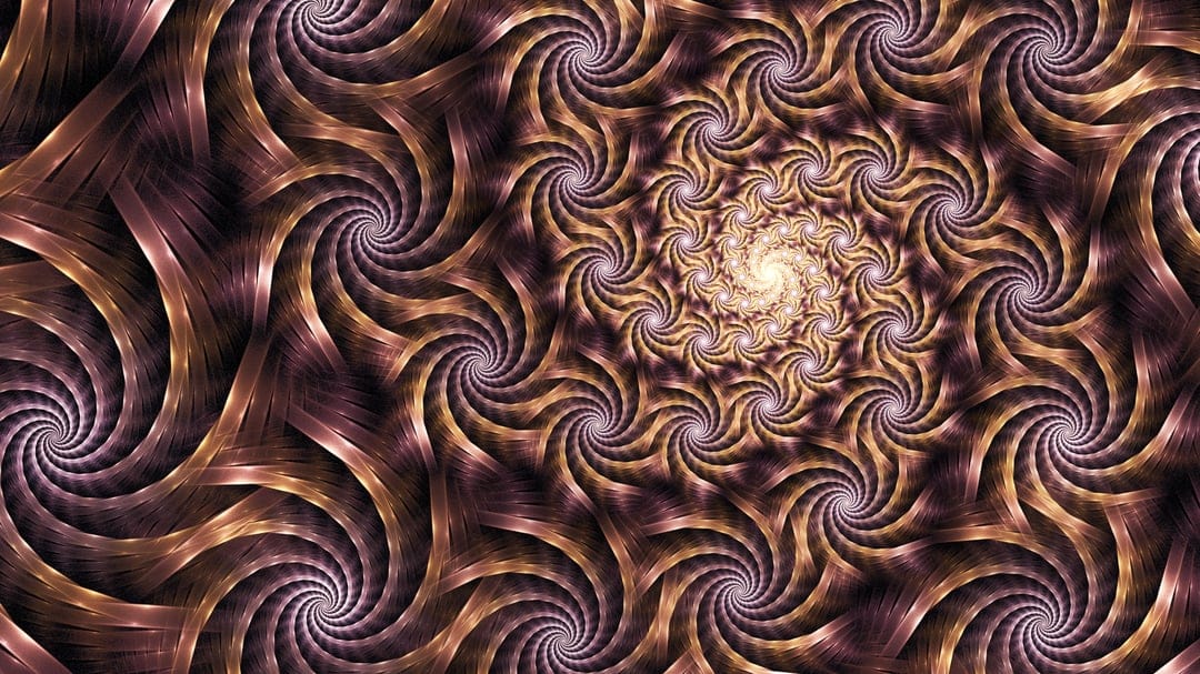 Spiral fractal vortex with metallic gold and deep violet layers radiating outward from a central point.