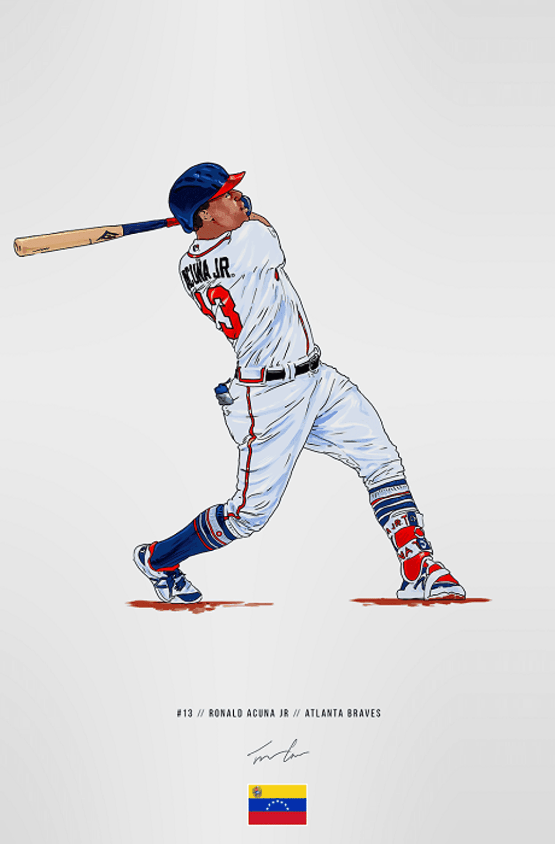 Ronald Acuña Jr. swings a baseball bat in a white Atlanta Braves jersey against a light grey background.