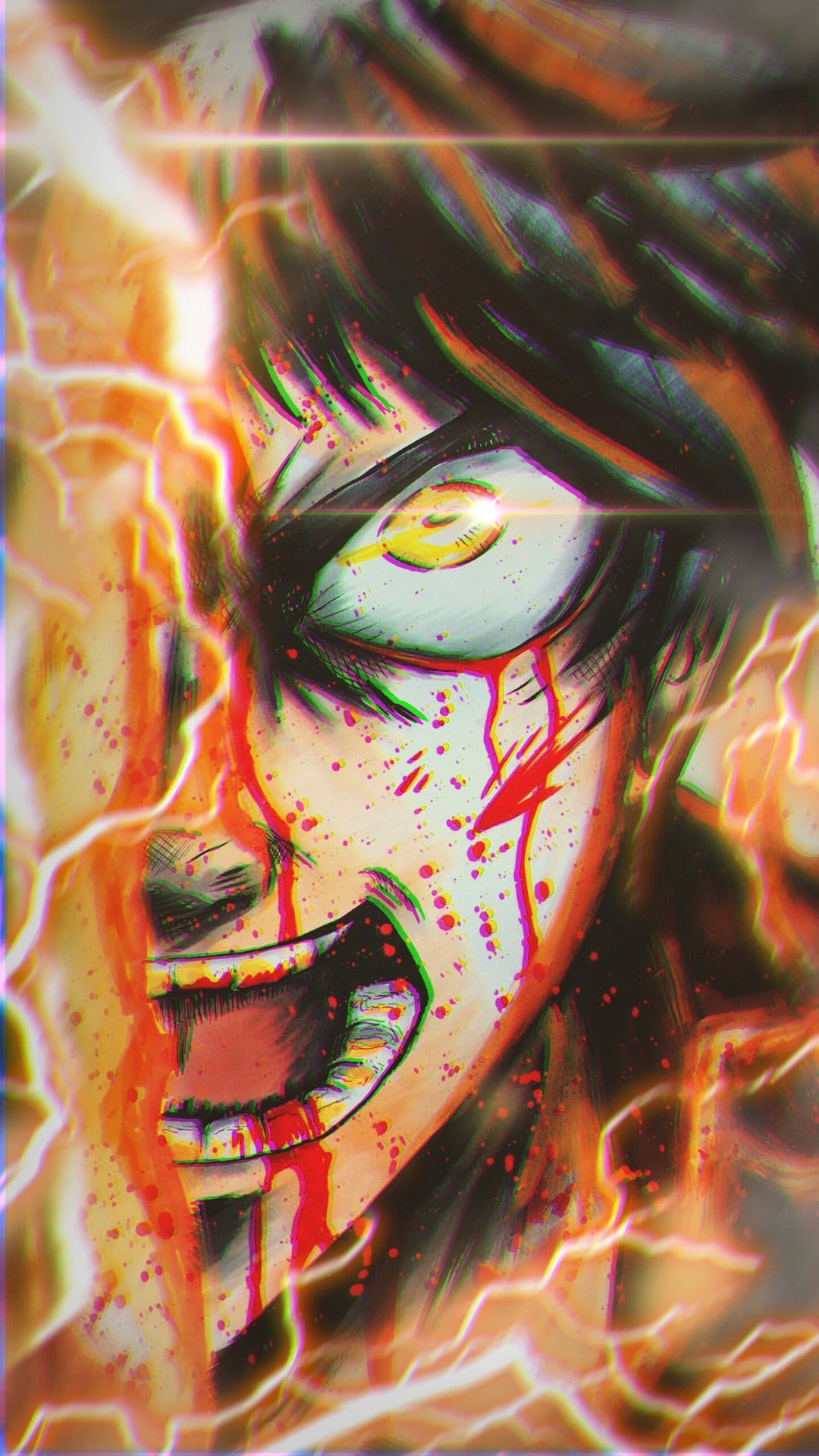 Enraged character with glowing crimson eyes surges with crackling electricity against a red paint splatter backdrop.