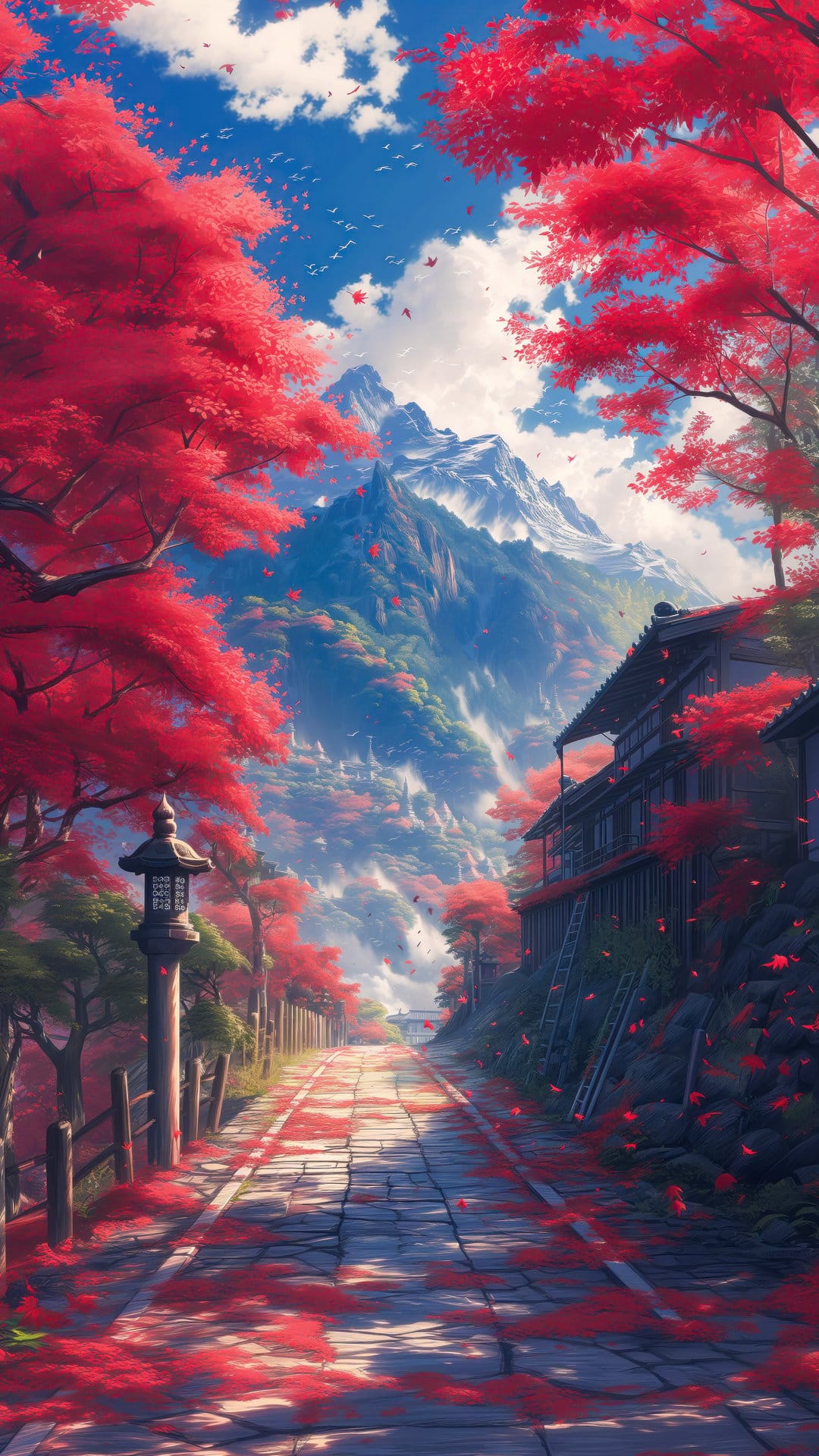 Crimson maple trees line a stone path leading to traditional wood houses and distant snow-capped mountain peaks.