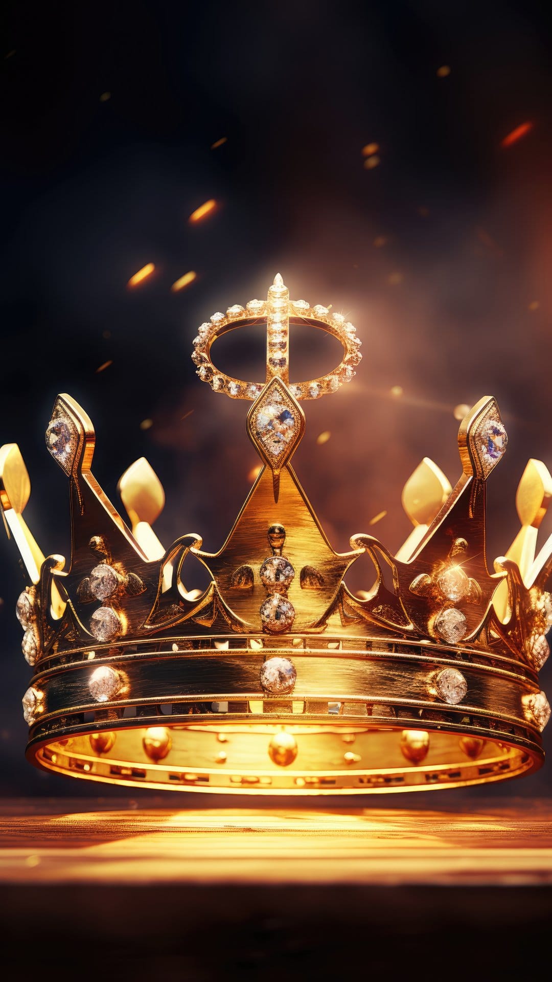 Golden crown with brilliant diamonds rests on a wooden surface amid floating fire sparks and cinematic smoke.