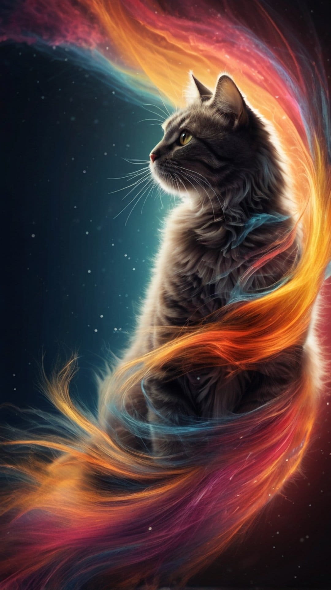 Tabby cat with fur blending into vibrant indigo nebula swirls and twinkling stars within deep cosmic space.