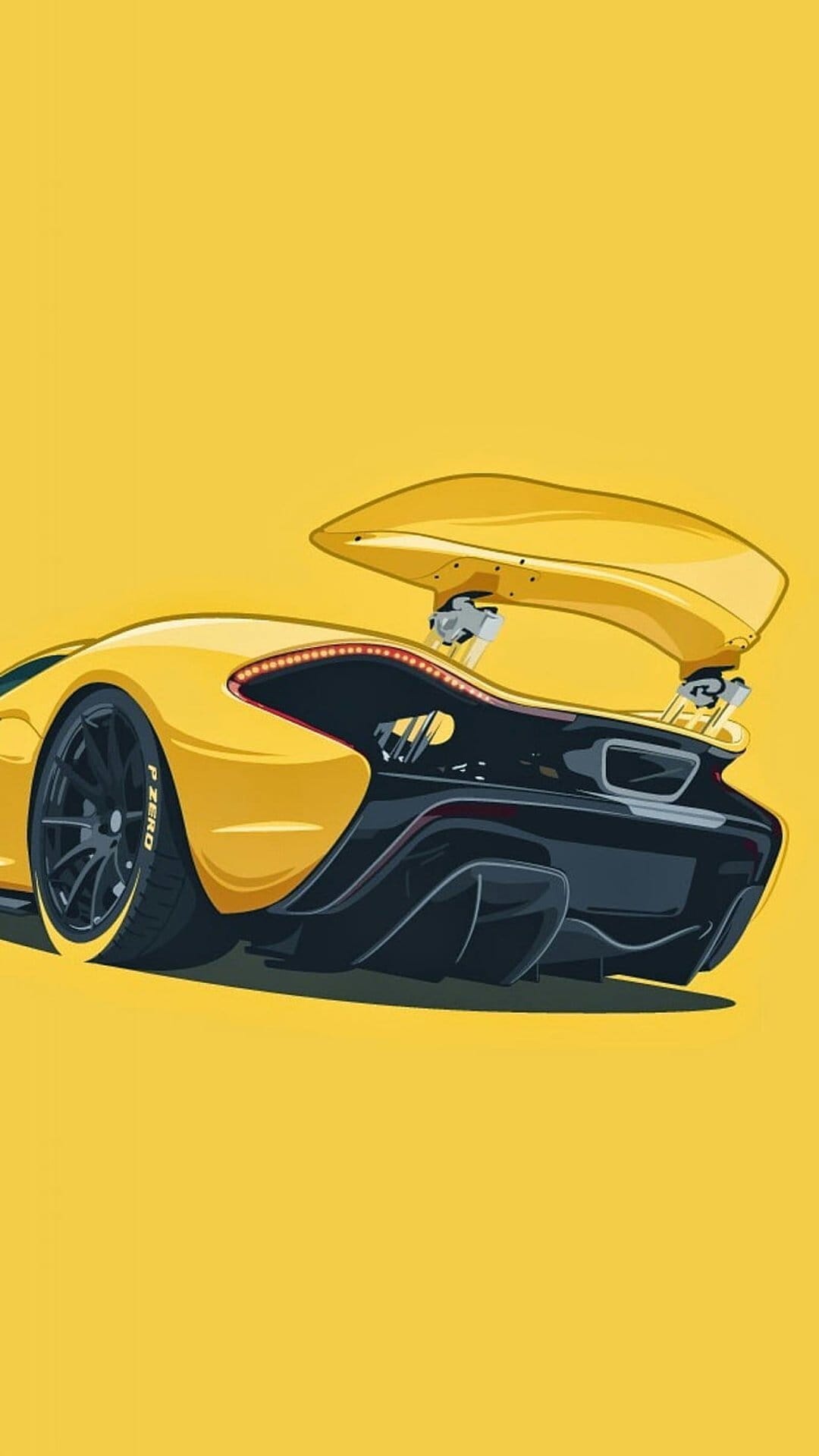 Yellow McLaren P1 supercar viewed from the rear with black carbon fiber accents against a vibrant yellow backdrop