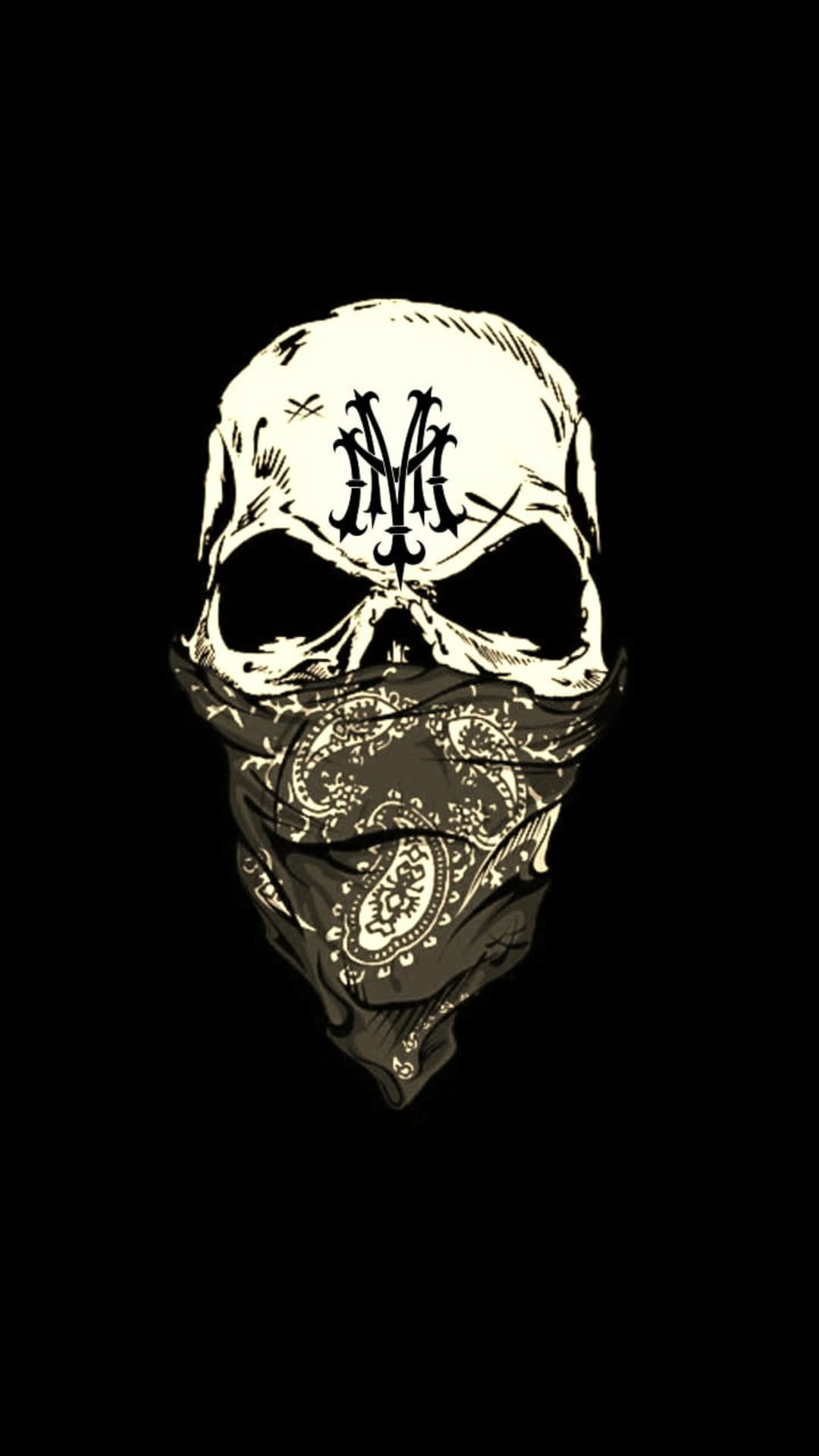 Human skull with a gothic M logo on the forehead and a paisley bandana over the jaw against a black background.