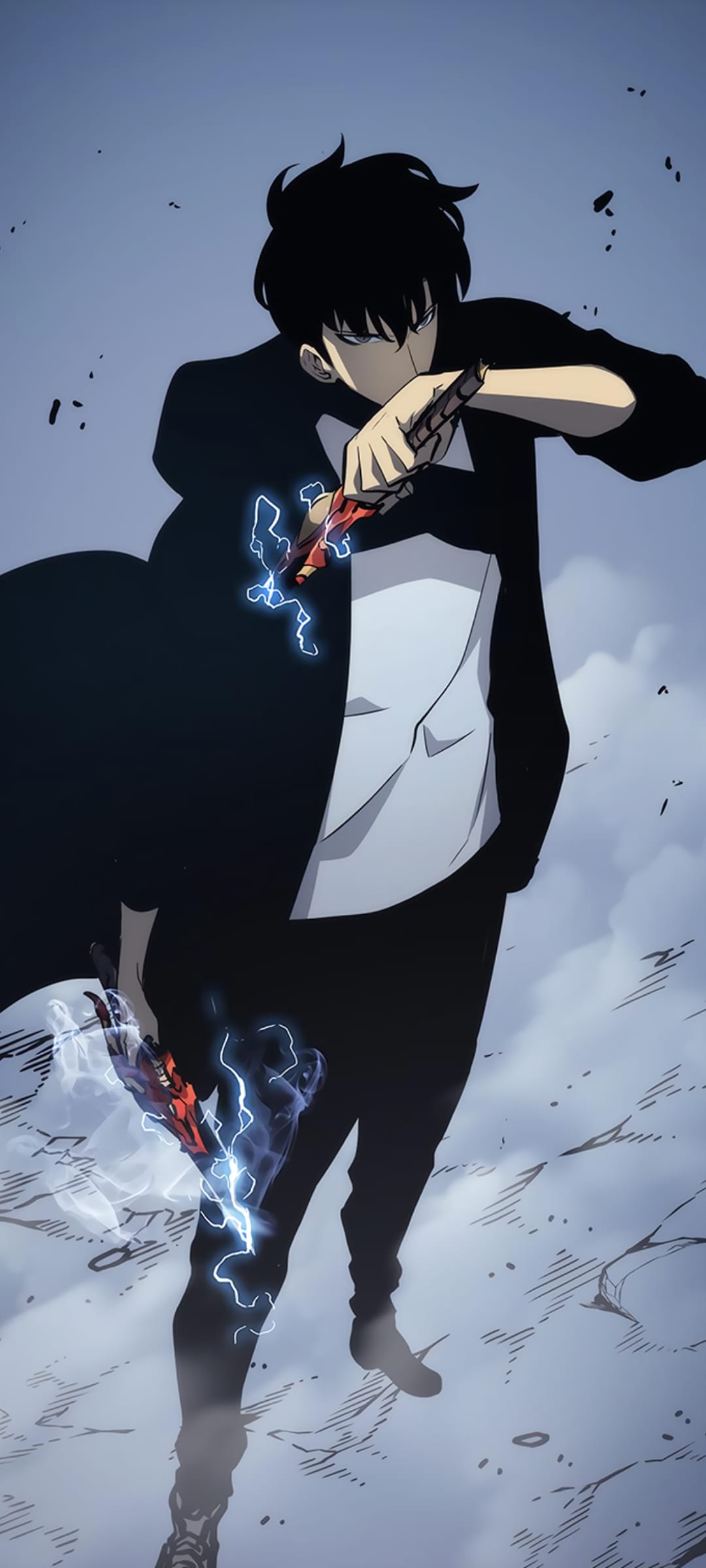 Sung Jinwoo holds glowing red daggers with blue lightning sparks while wearing a long black coat and white shirt.
