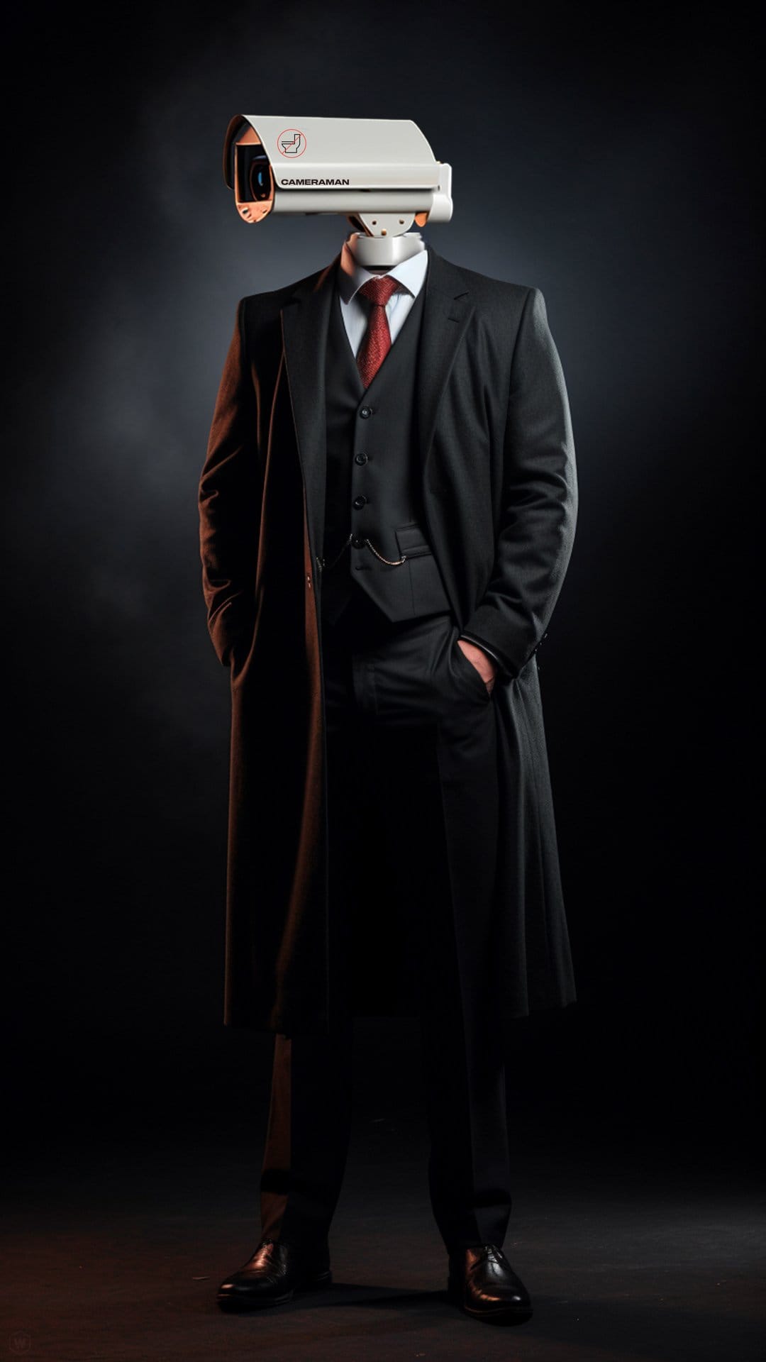Man in a black overcoat with a surveillance camera for a head stands within a dark and smoky environment.