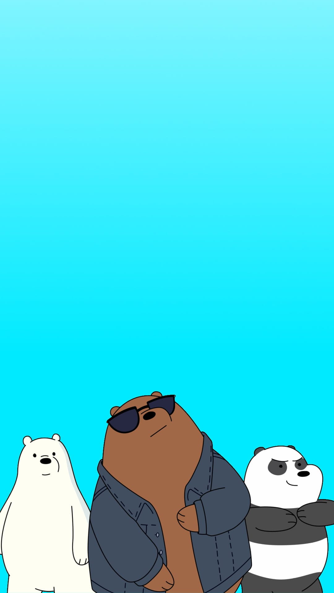 Grizzly wears sunglasses and a denim jacket alongside Panda and Ice Bear against a solid blue background.