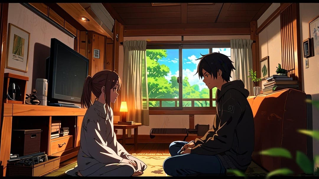 Young couple sits on a wooden floor facing a large window overlooking a lush garden in a serene home setting.