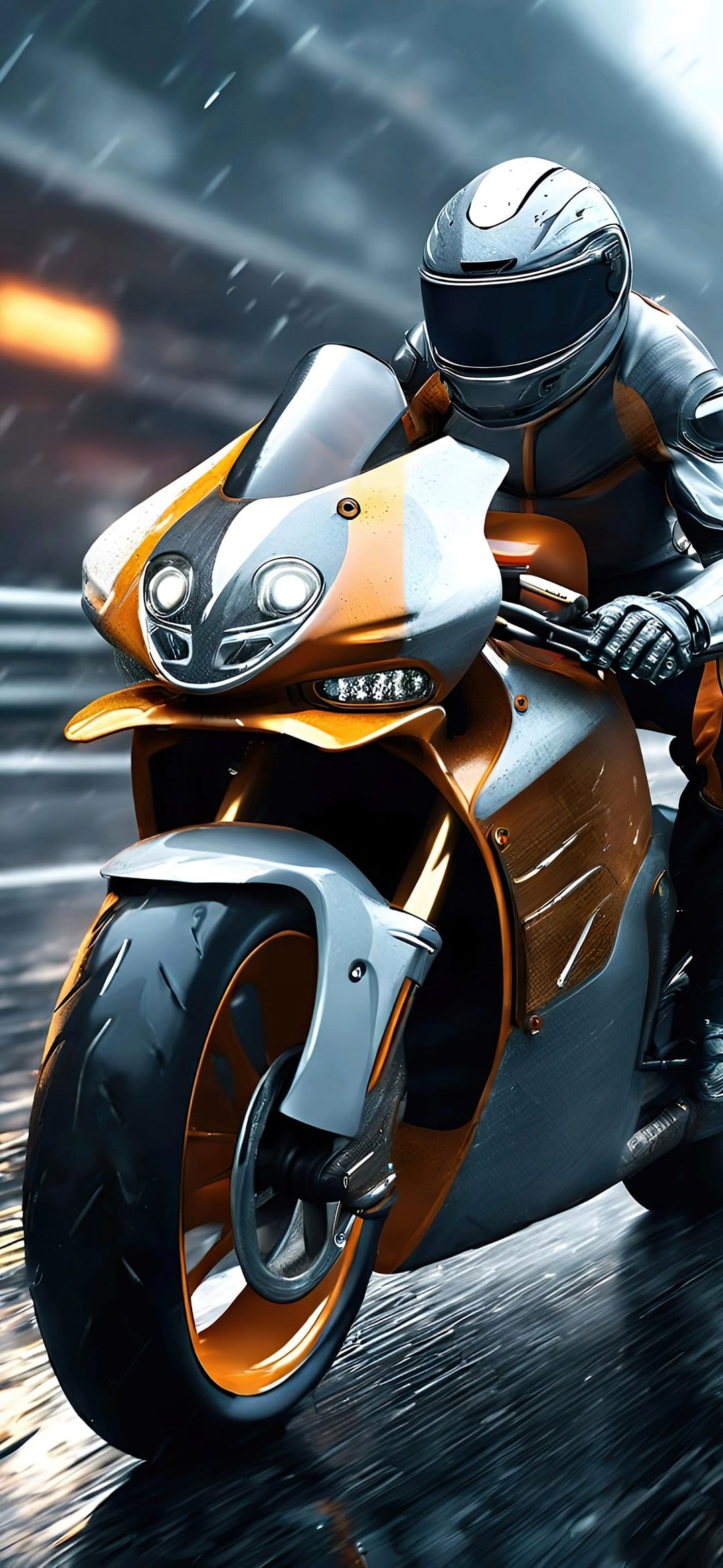 Motorcyclist in orange and silver gear leans into a turn on a wet road during a heavy rainstorm with headlights.