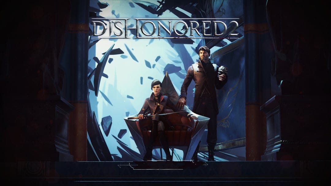 Emily Kaldwin on a throne beside Corvo Attano against a backdrop of floating shattered blue glass shards.