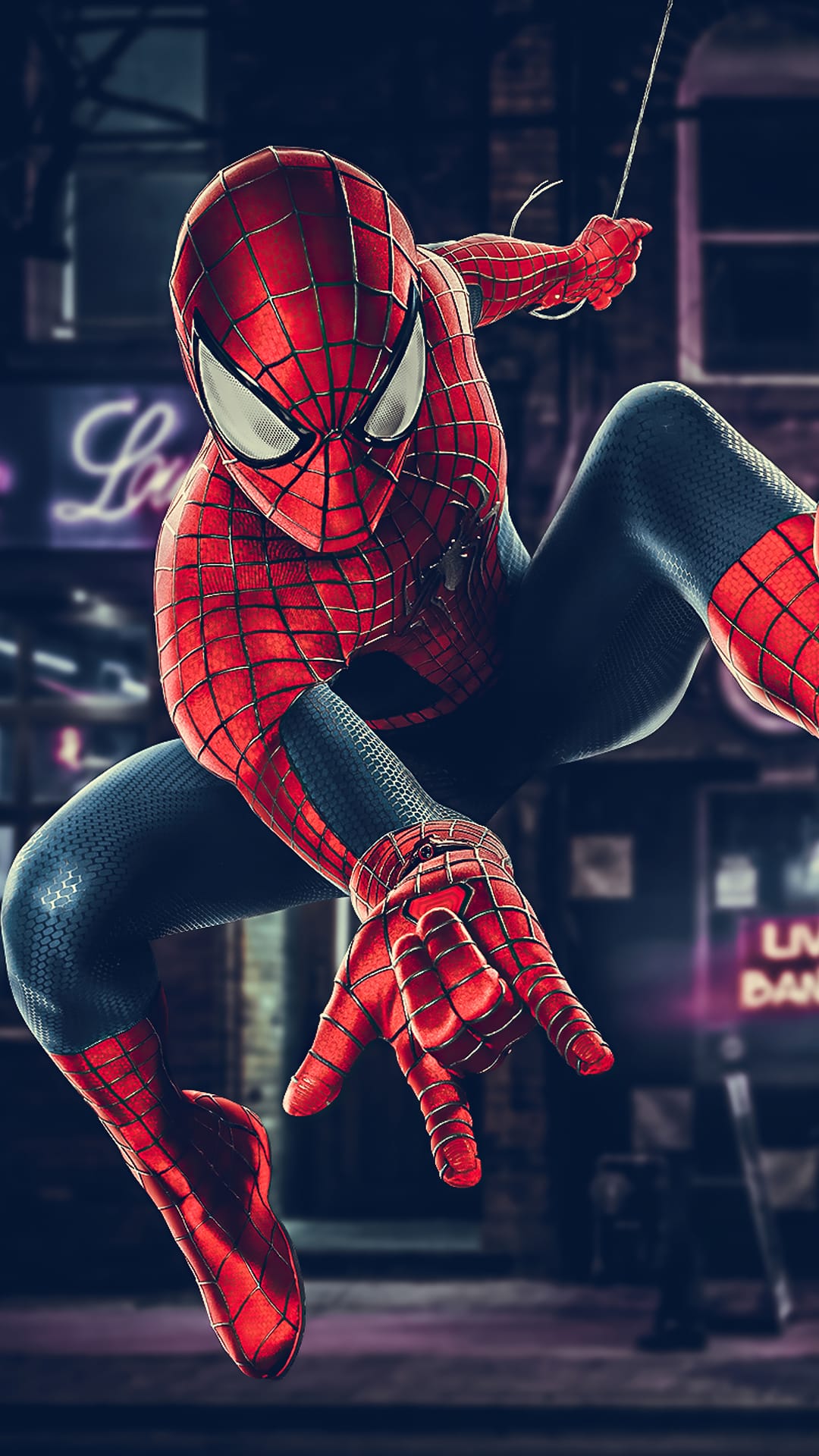 Spider-Man in a red and blue suit leaps forward against a blurred city backdrop with glowing neon lights at night.