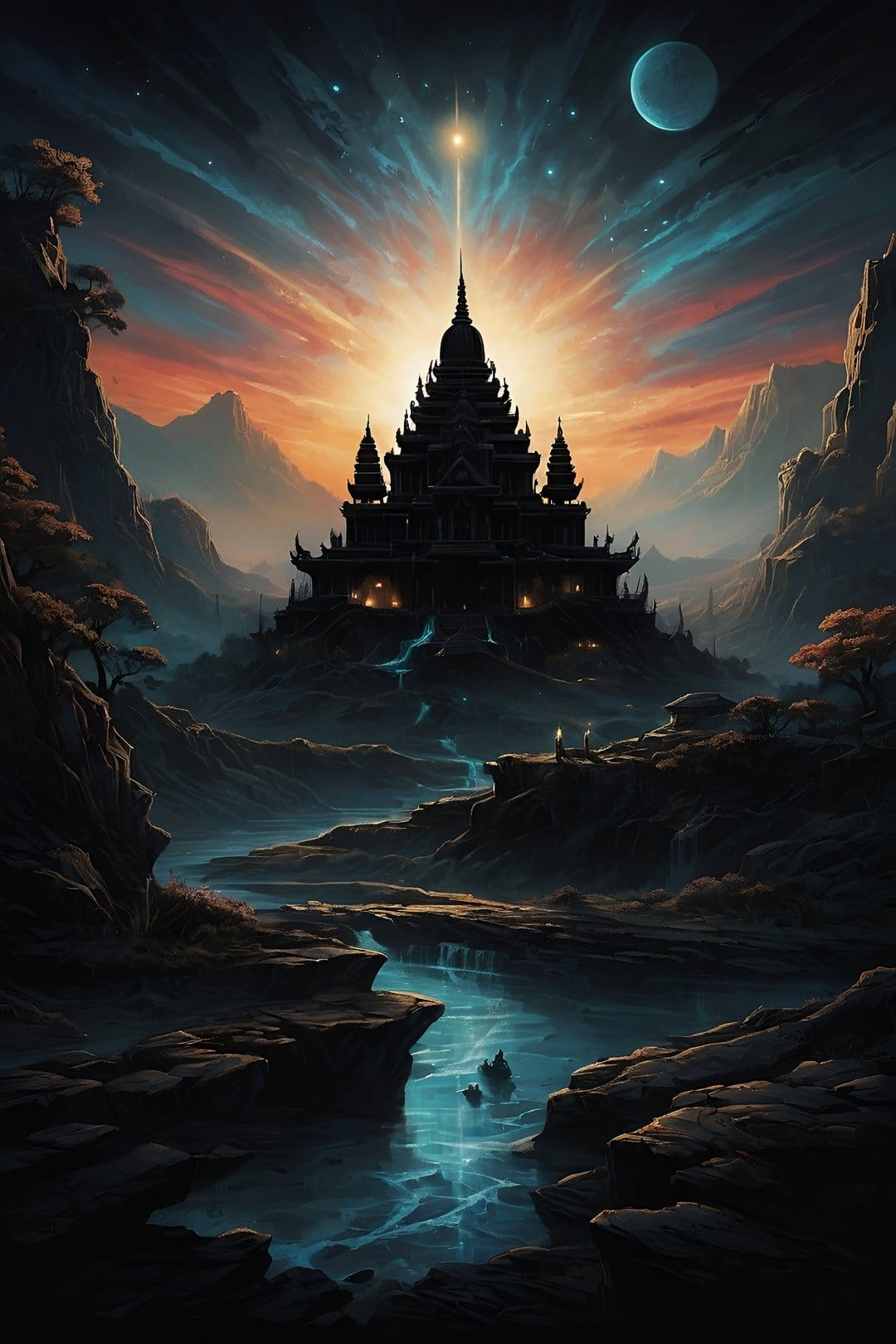 Ancient temple at the foot of snowy mountains beneath a cosmic sky and moon with a glowing river in the foreground