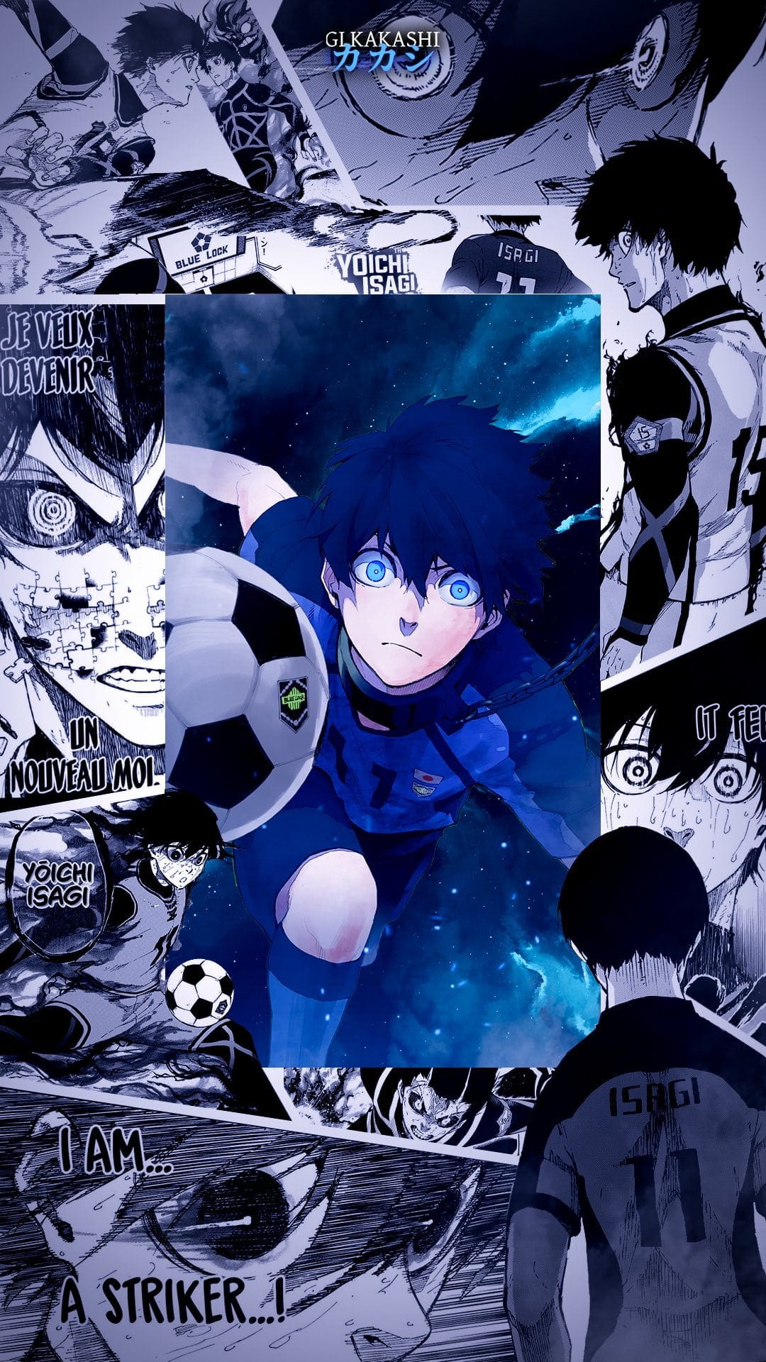Yoichi Isagi stares intensely forward while surrounded by blue energy shards and overlapping manga panels.