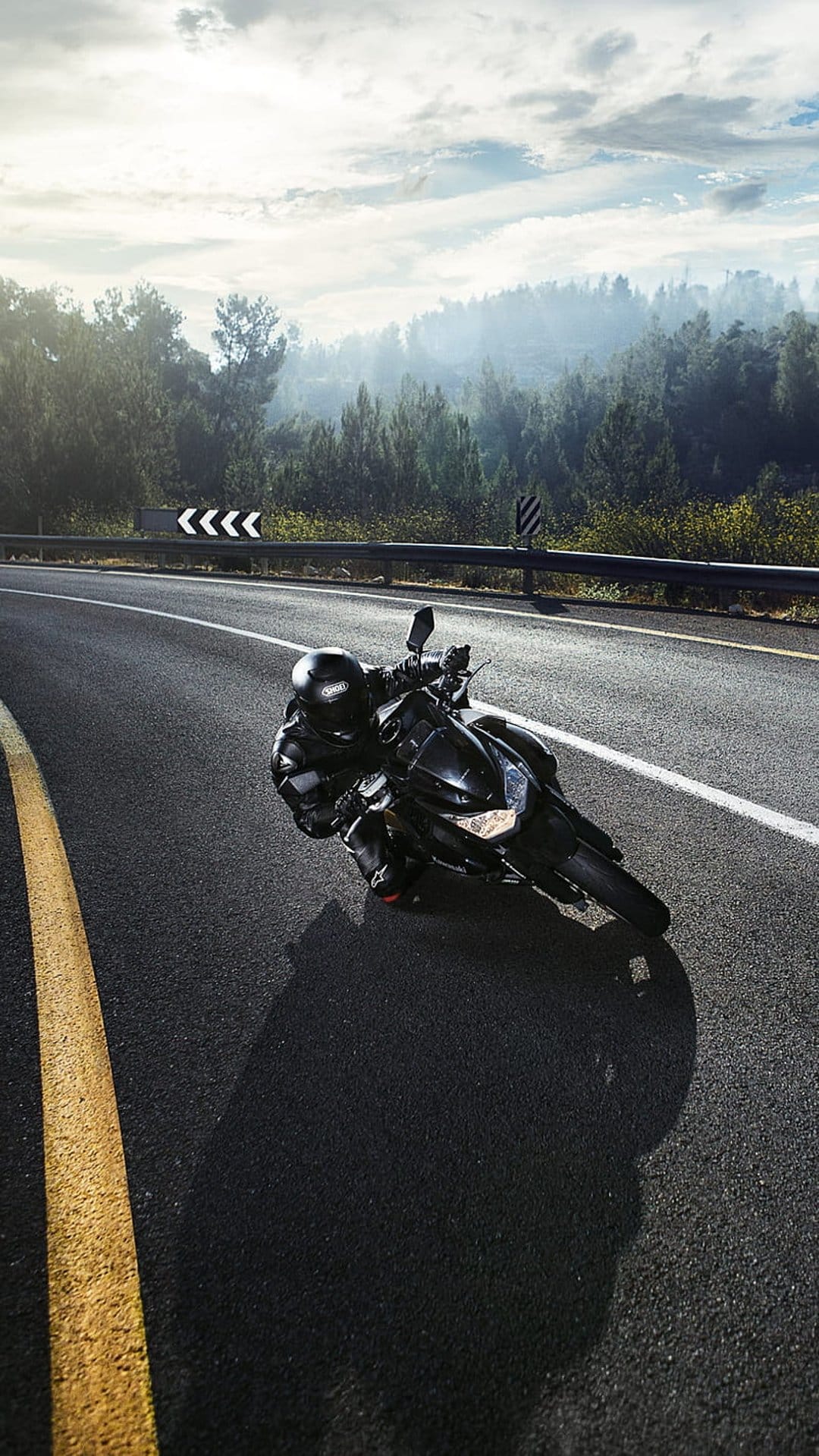 Motorcyclist in black gear leans a sleek sportbike into a sharp curve on a forest road with yellow line markings.