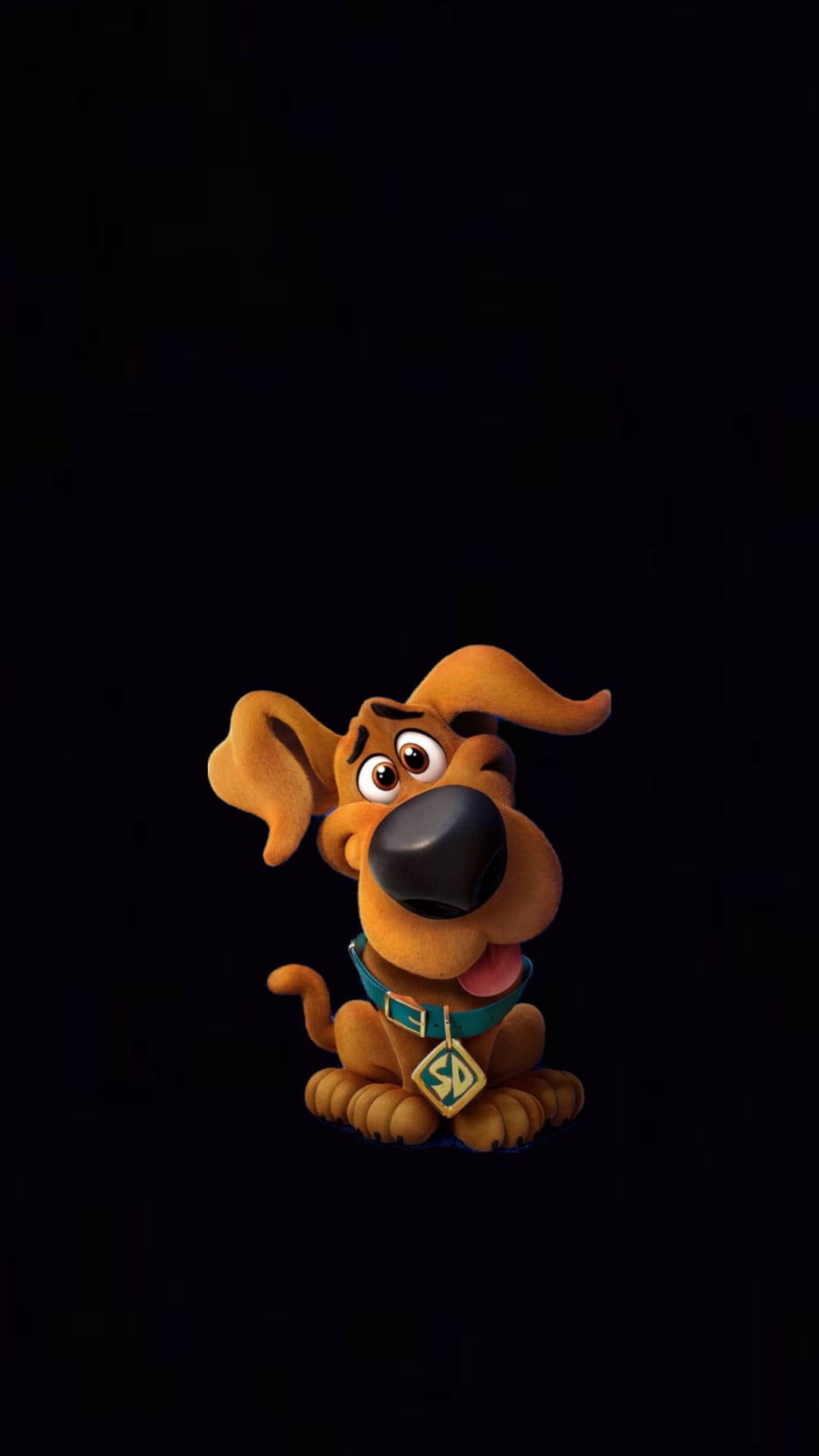 Scooby-Doo sits with a blue collar and gold tag against a dark background in this portrait-oriented image.