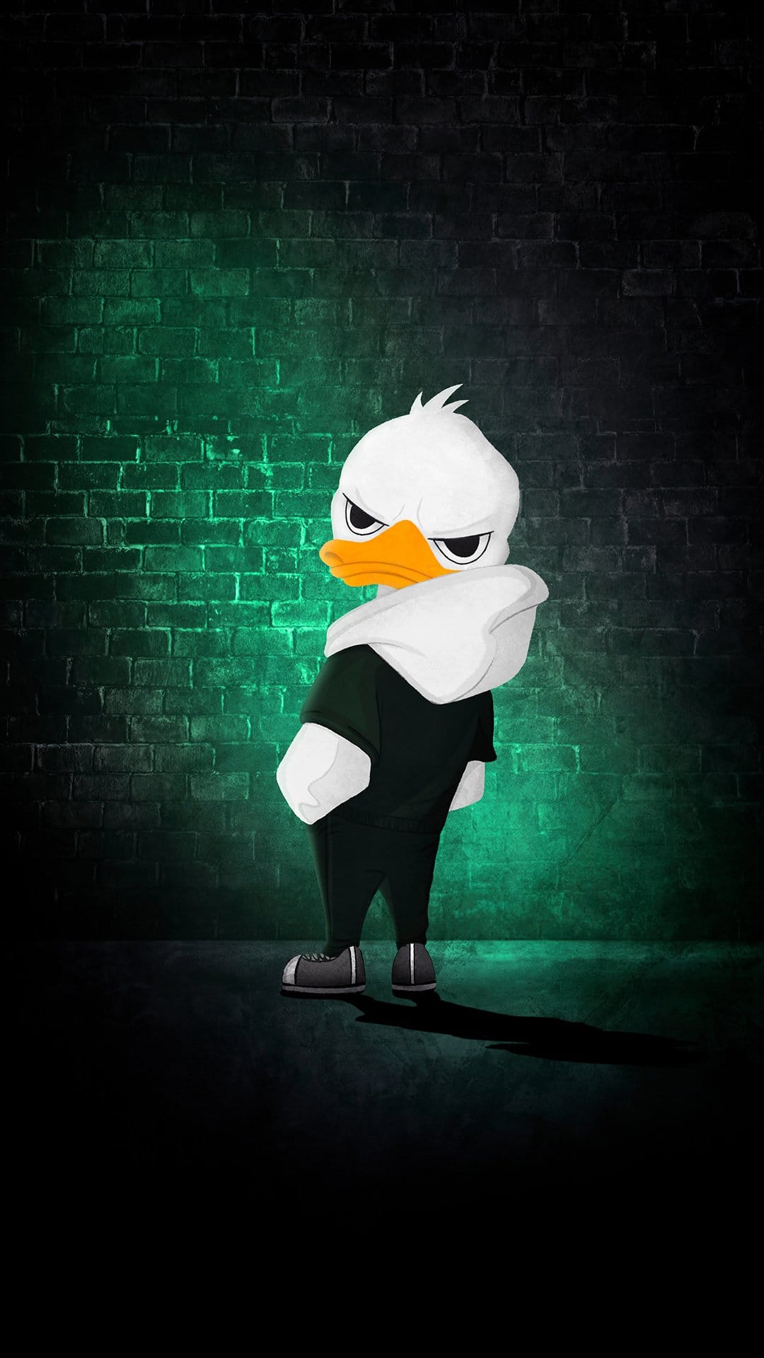 Grumpy duck character wearing a black hoodie stands against a dark brick wall illuminated by green neon light.