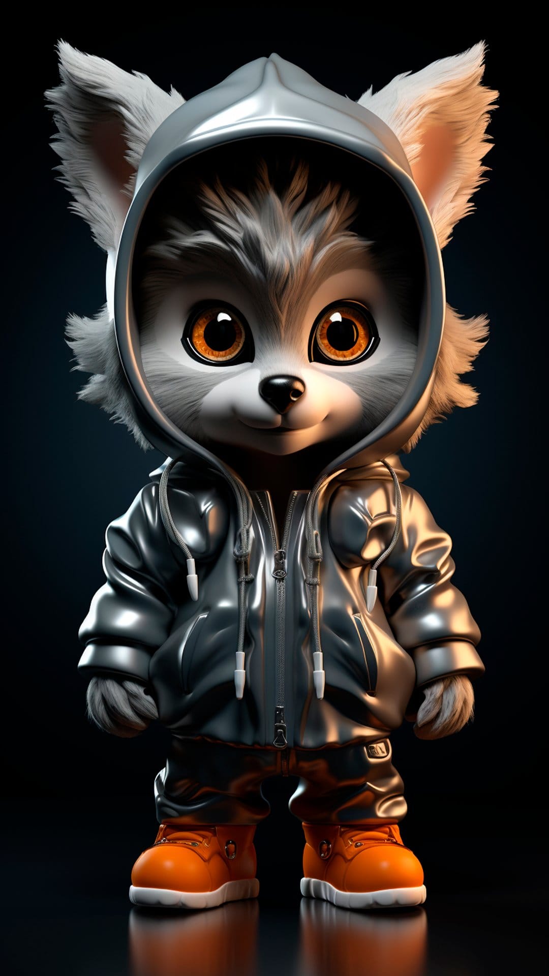 White cartoon wolf with orange eyes wearing a metallic silver hoodie and orange boots on a dark background.