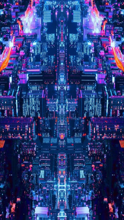Cyberpunk, Futuristic City, Neon, Symmetry, Metropolis, Urban, Technology, Science Fiction, Digital, Illuminated, Night, Intricate, Architecture, Vibrant, Complex, Sci-Fi, Advanced, Lights, Cybernetic, Design
