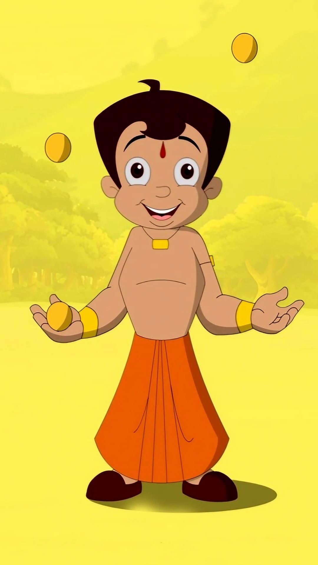Chhota Bheem juggling three golden balls in front of a yellow background with trees and wearing an orange dhoti.