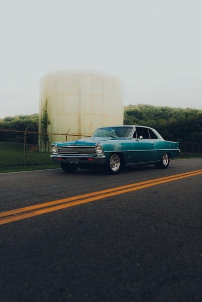 car, retro, vintage, blue, side view, road, mobile wallpaper, android wallpaper, iPhone wallpaper, phone wallpaper
