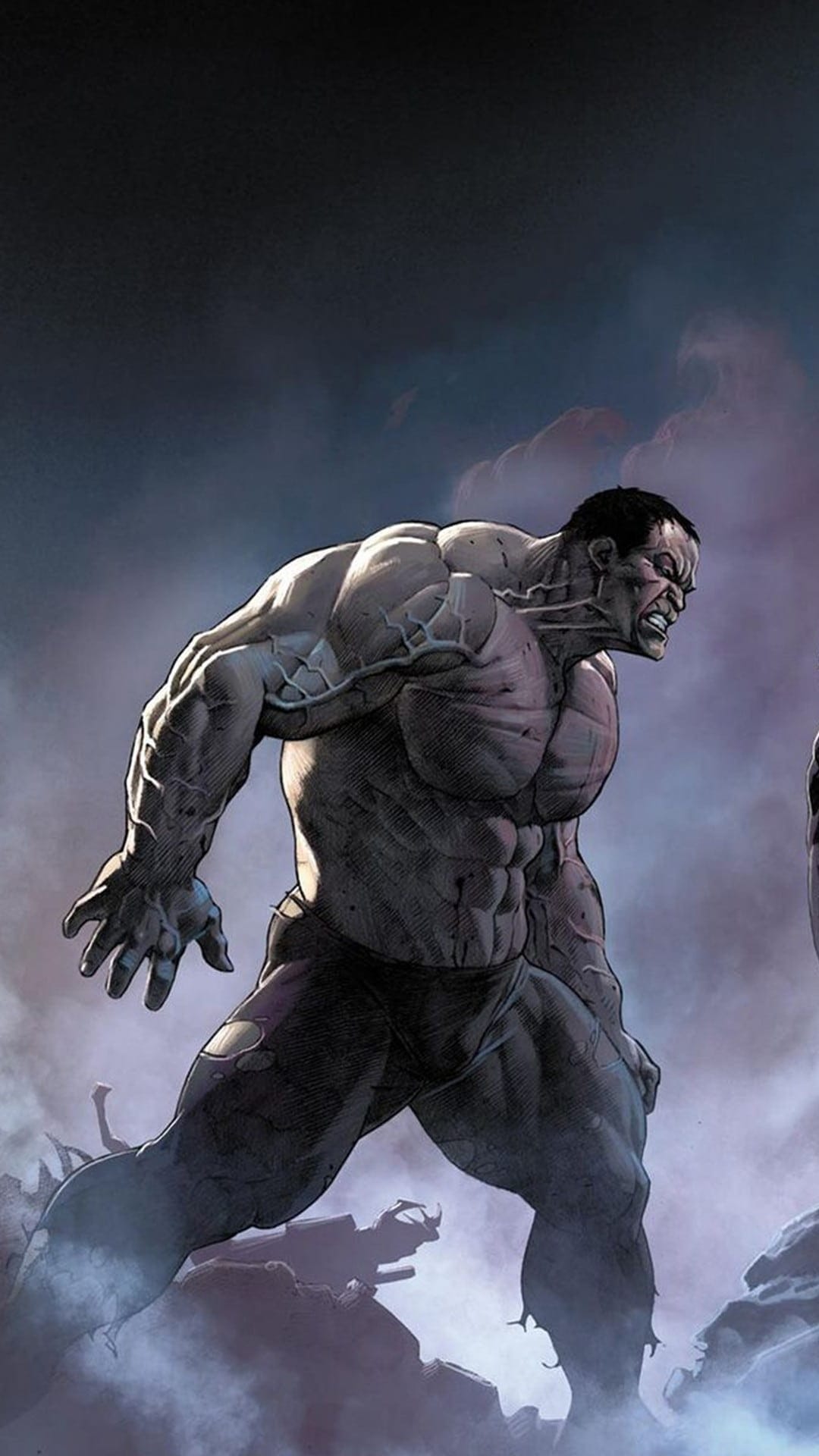 Hulk displays massive muscles and an angry expression while standing in a dark, swirling smoke environment.