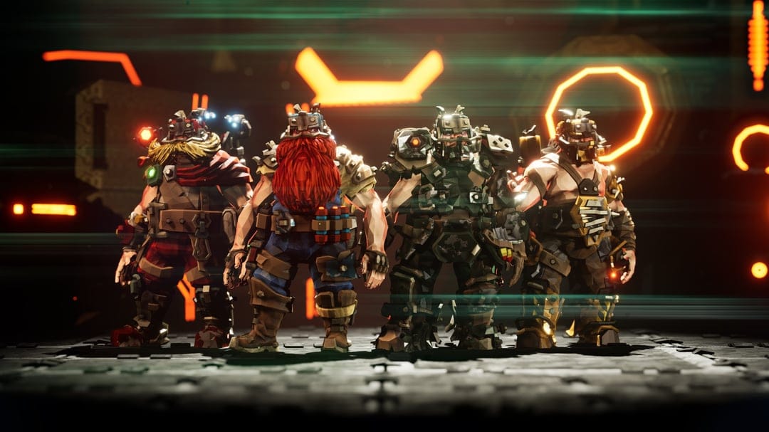 Four armored dwarves stand in a dark mining facility with glowing orange lights and green lens flares.