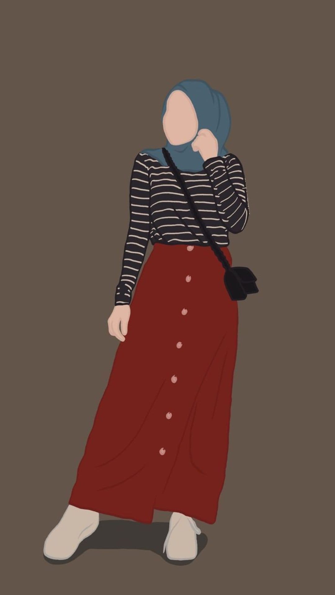 Woman in a blue hijab, striped shirt, and red buttoned maxi skirt stands against a solid brown background.