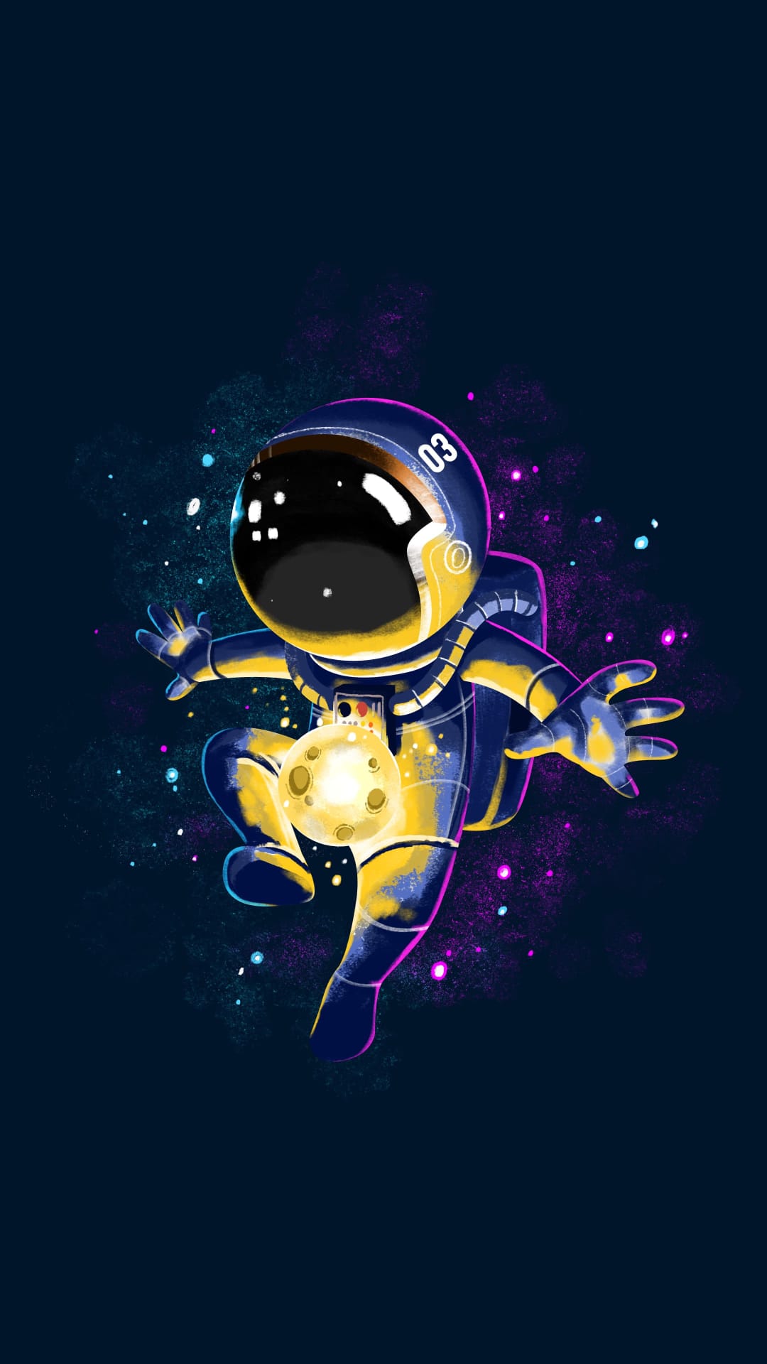 Astronaut in a blue suit holding a glowing yellow moon amidst pink and turquoise nebula clouds in deep space.
