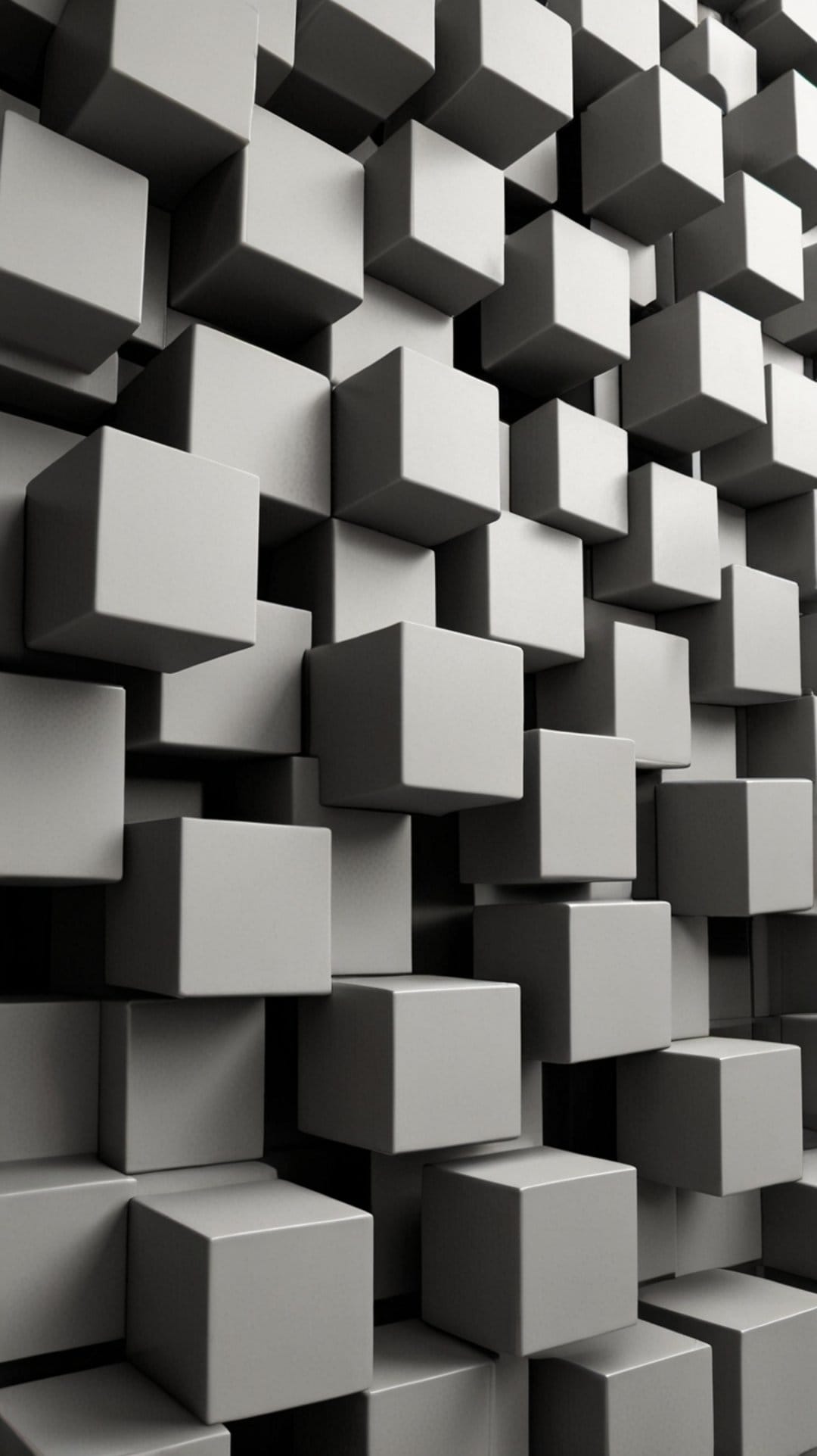 Overlapping gray 3D cubes in varying sizes create a textured wall with deep shadows and soft highlights.