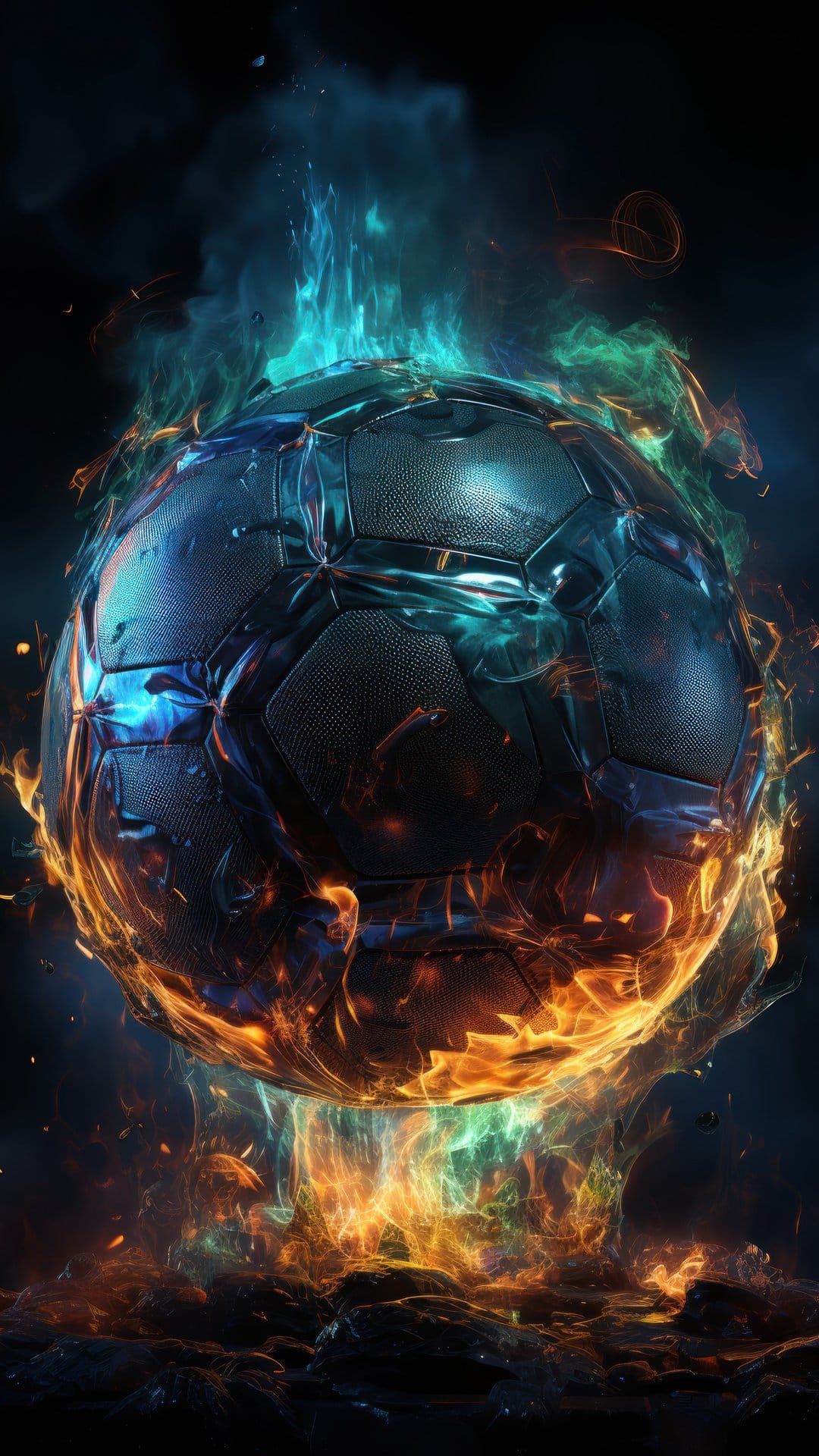 Soccer ball engulfed in bright orange and blue flames with glowing embers against a dark, smokey background.