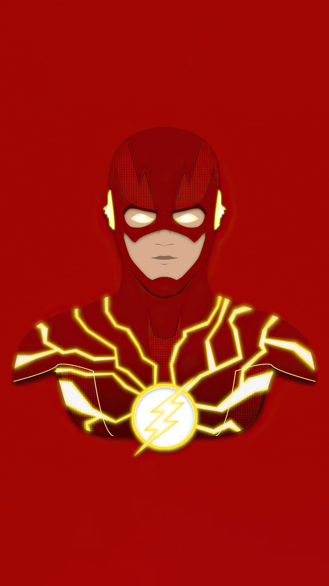 The Flash wears a crimson cowl with glowing yellow lightning bolts against a solid red minimalist background.