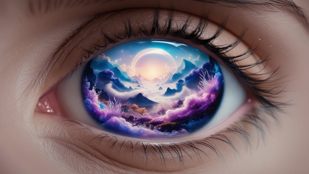 Human iris reflecting a purple nebula with mountain peaks and a crescent moon in a surreal artistic close-up.