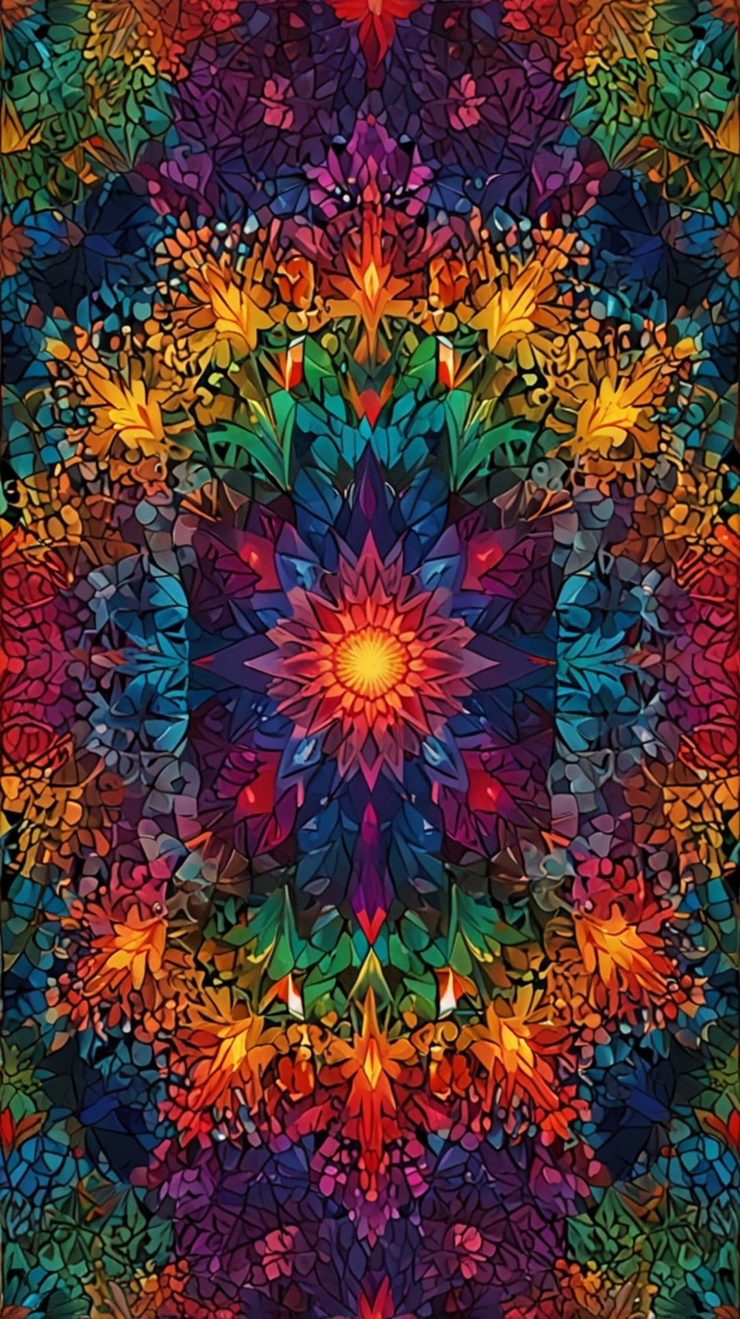 Multicolored mandala with symmetrical floral patterns and geometric shapes creating a trippy stained glass effect.