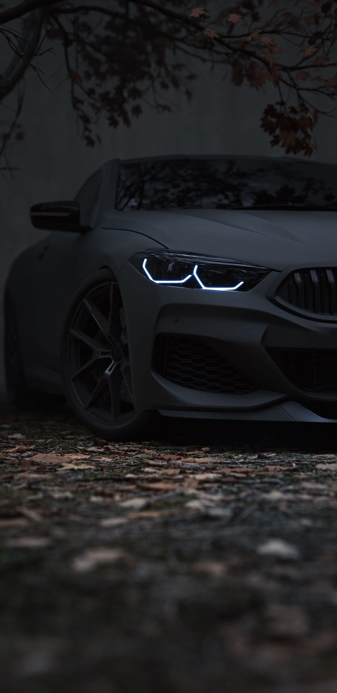 BMW M8 Coupe with glowing LED headlights parked on asphalt covered in fallen autumn leaves at night.