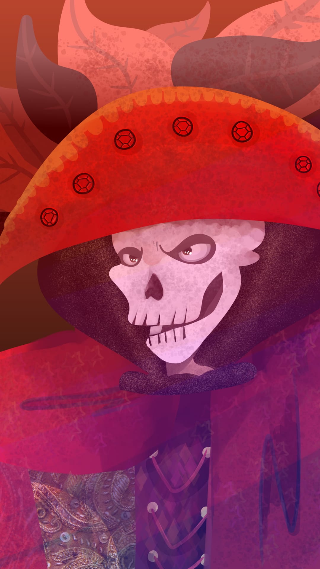 Skeletal pirate wearing a ruby-encrusted red hat and an ornate dark jacket grinning amidst orange autumn leaves.