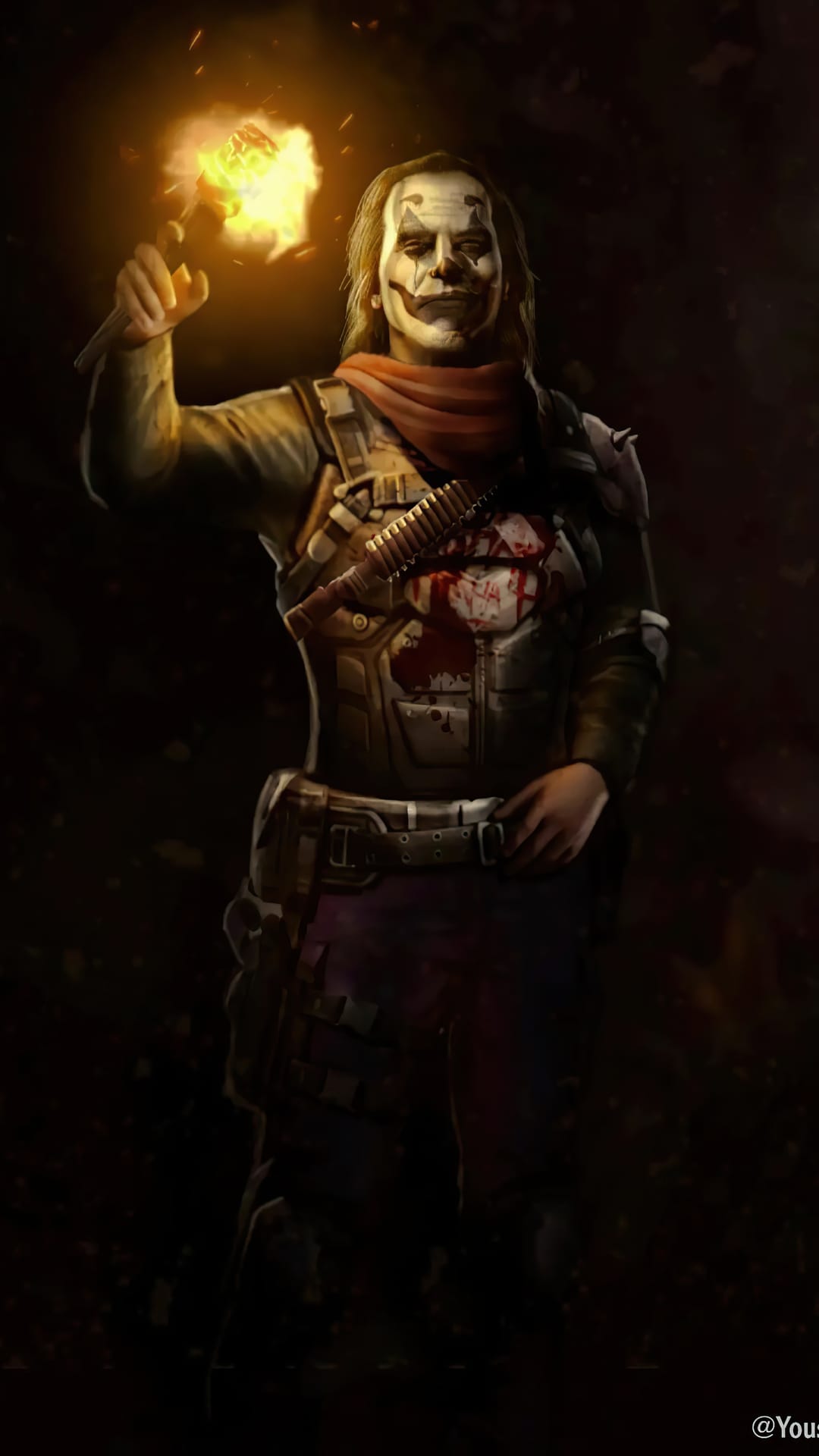 Menacing clown in tactical gear holds a flaming torch aloft, casting orange light onto his blood-stained chest.