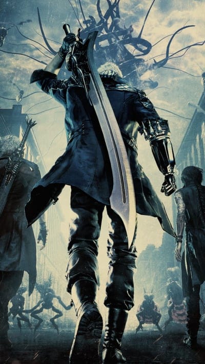 Devil May Cry, Nero, Dante, V, Gaming, Action, Dark Fantasy, Demons, Swords, Supernatural, Urban, Gritty, Epic, Character Ensemble, Video Game, Illustration, Boss Battle, Monster Hunter, Combat, Apocalyptic
