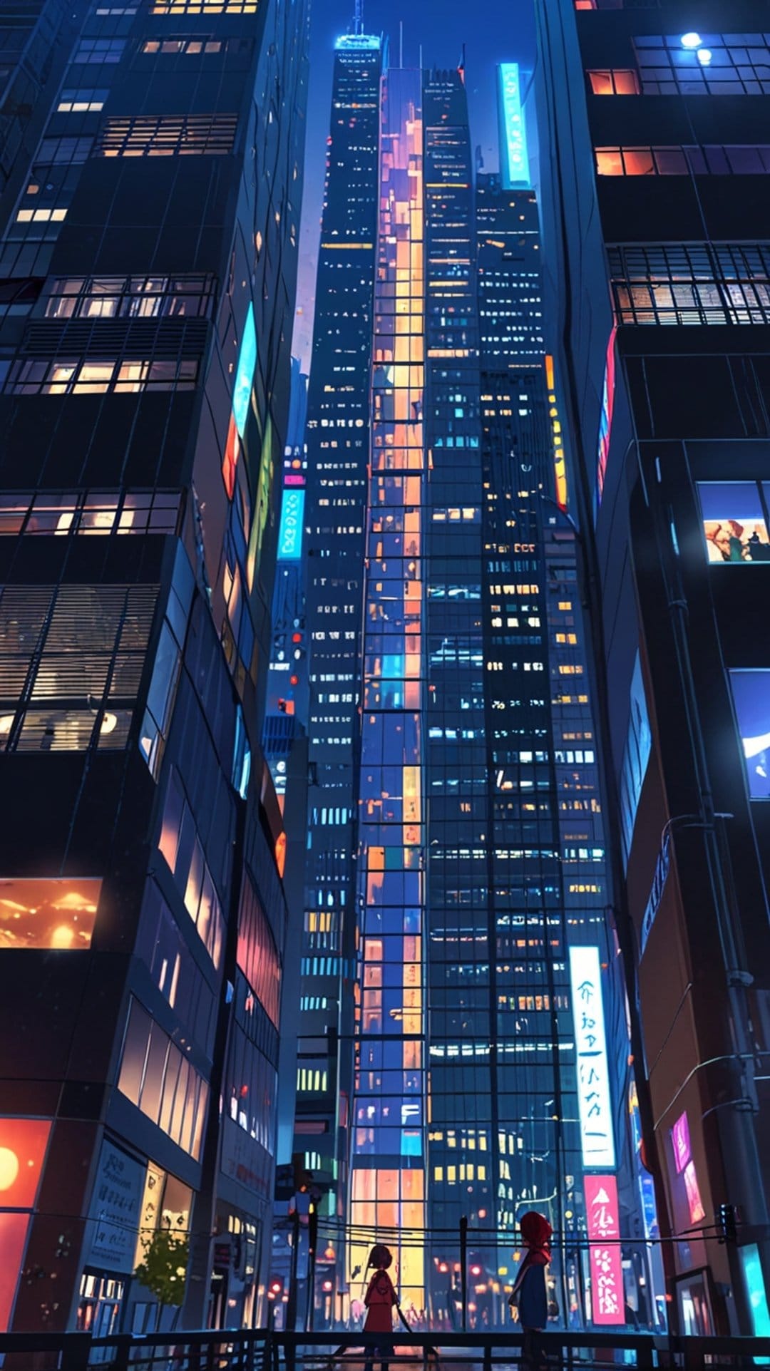 Glowing skyscrapers with orange and blue lights stand tall under a dark night sky in a futuristic city.