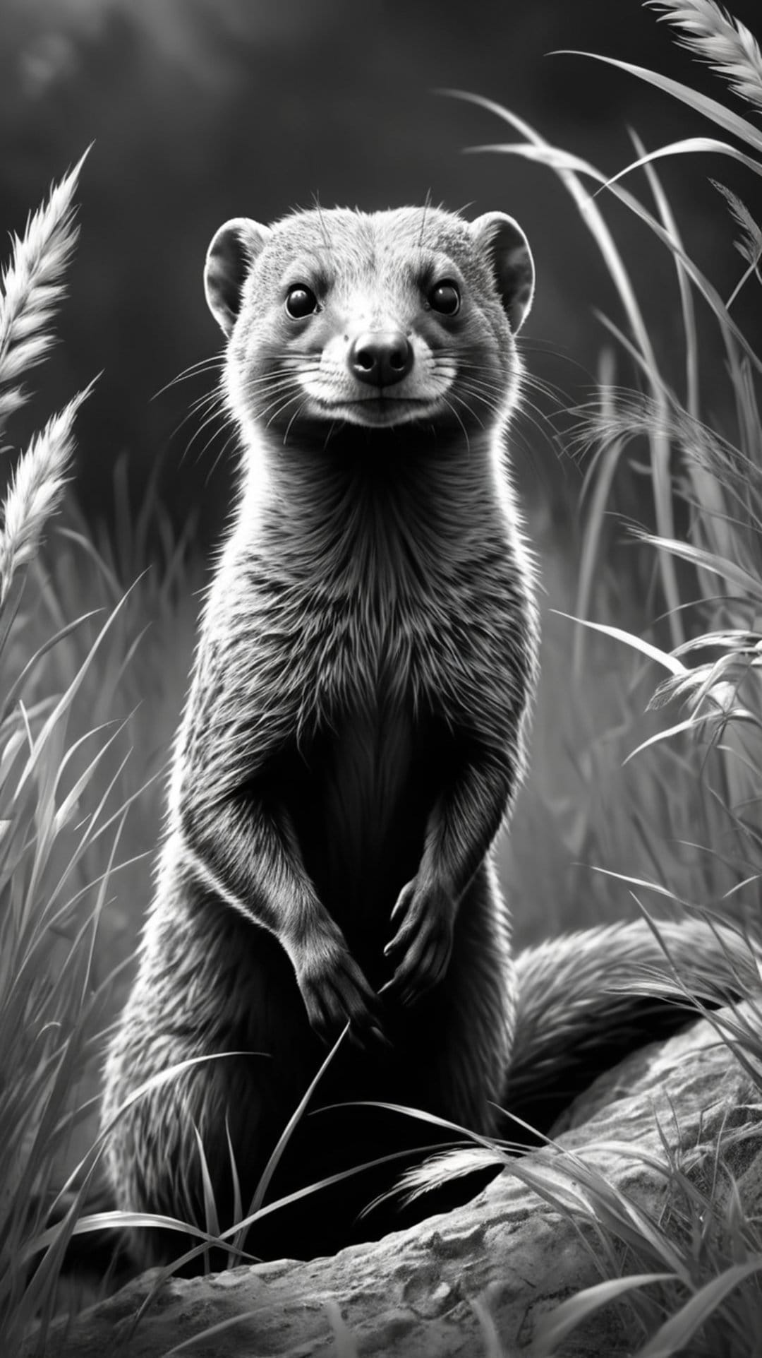 Mongoose standing upright in tall grass with an alert expression, captured in a detailed monochrome portrait.