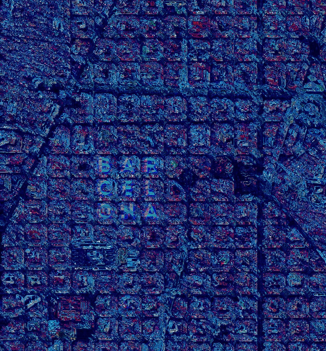 Barcelona city street grid rendered in deep blue with fragmented red accents and distorted block letters.