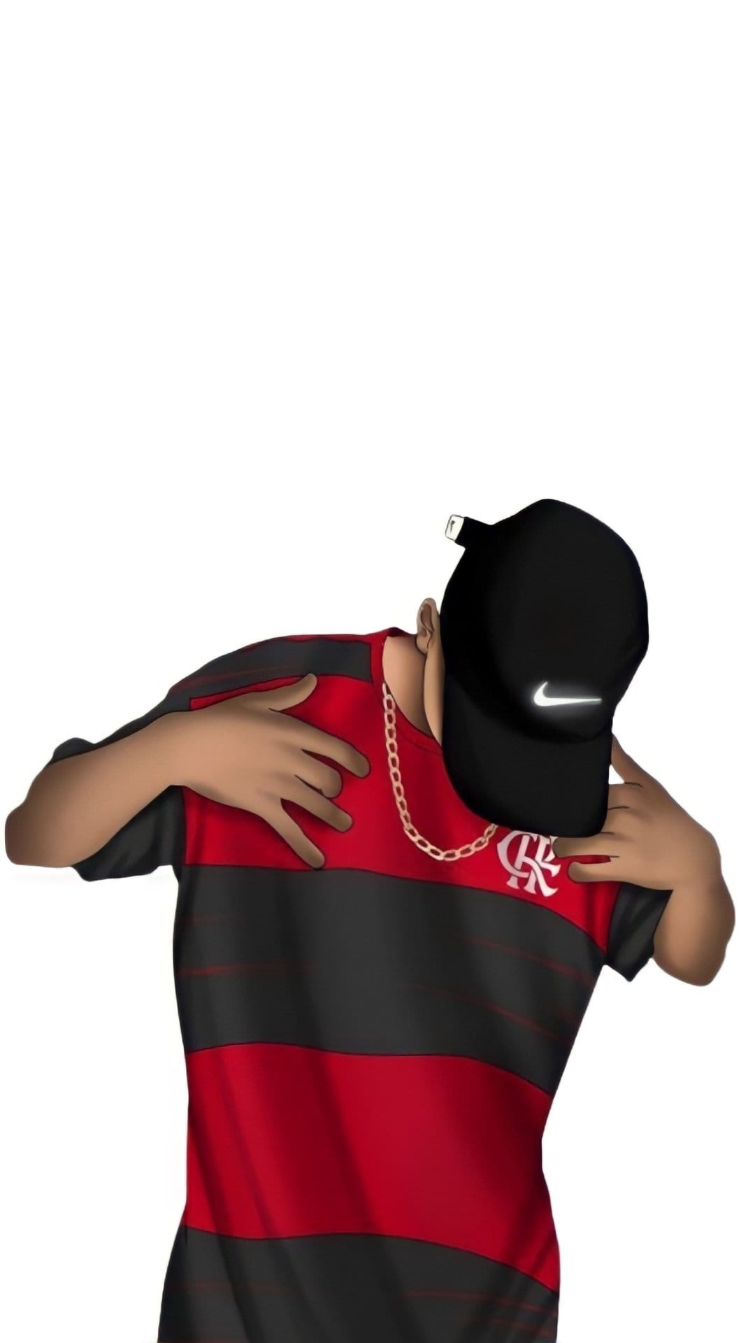 Flamengo fan in a red and black striped jersey wears a black Nike hat and a gold chain with a proud hand gesture.