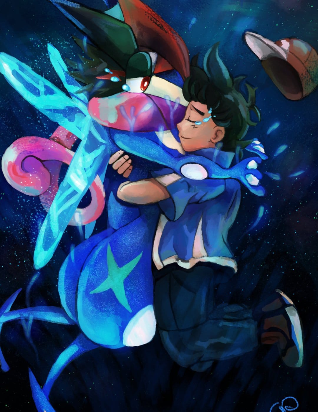 Ash Ketchum and Ash-Greninja hugging with glowing blue tears in a dark starry underwater environment.