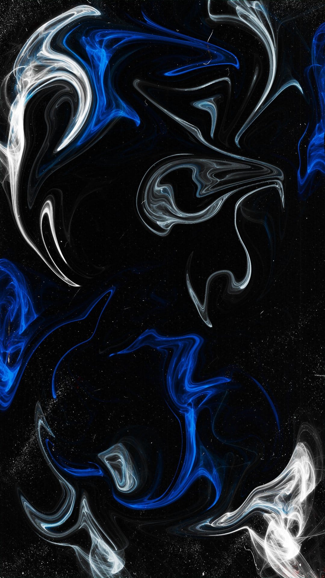 Wispy blue and white smoke tendrils twisting through a dark black void with sharp contrast and fluid curves.