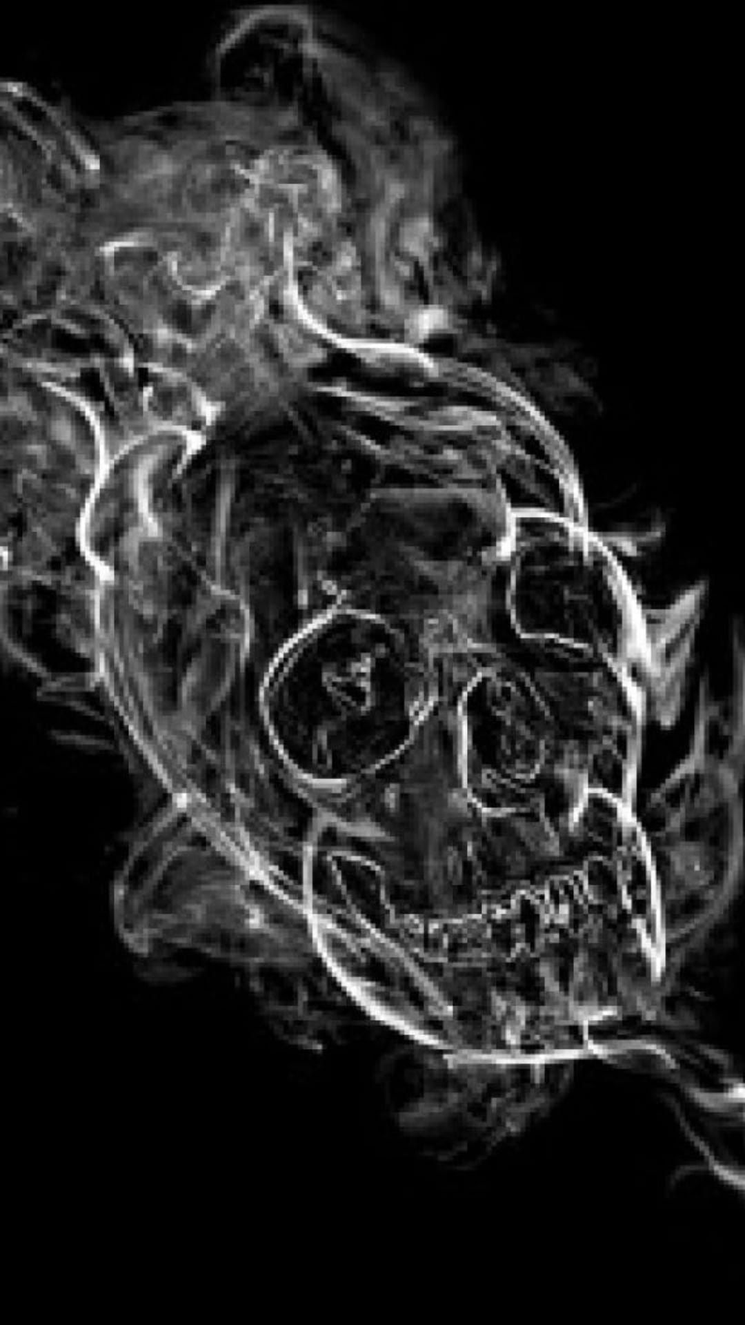 Human skull composed of swirling white smoke tendrils against a stark black background in high contrast.